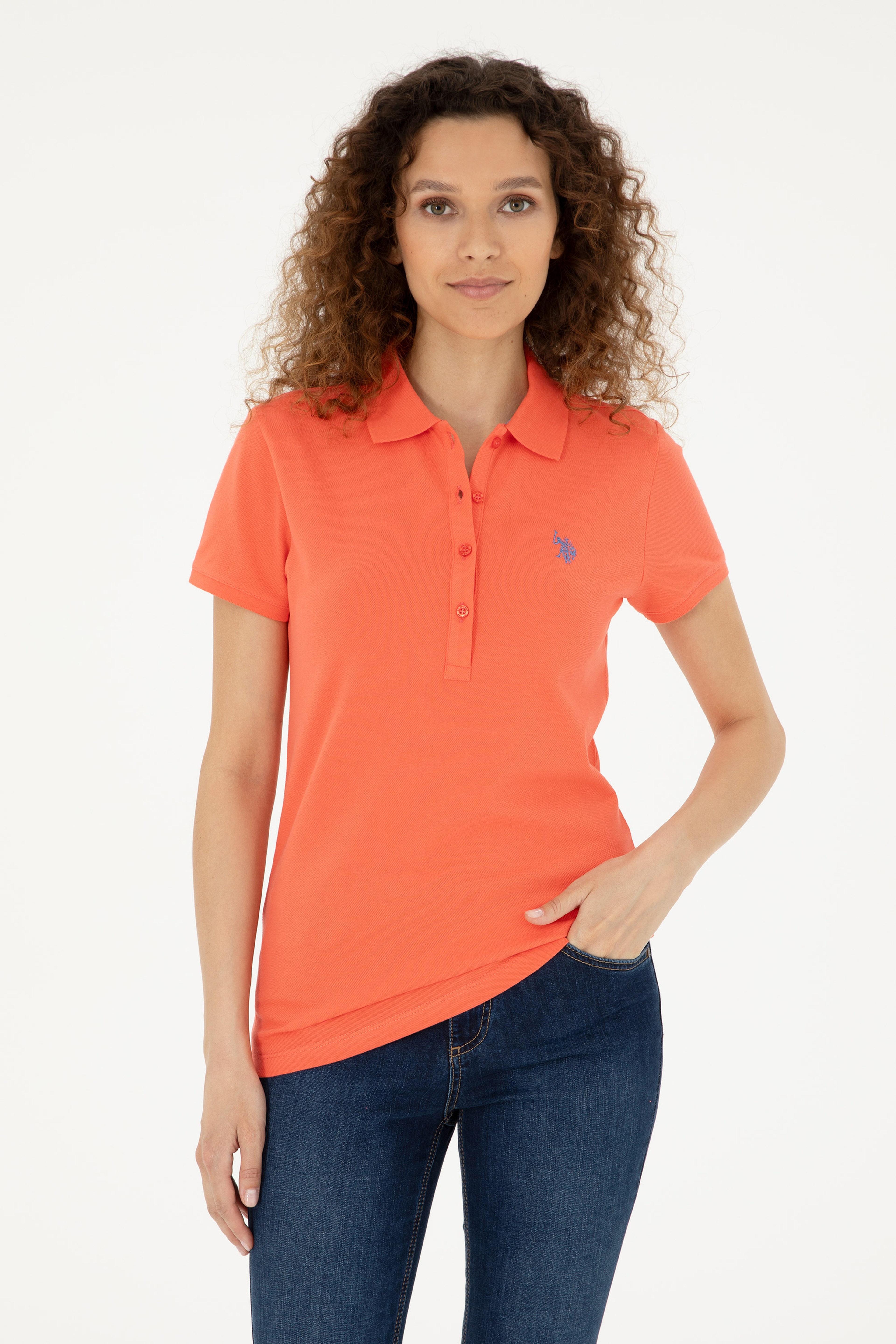 Kadın Nar Çiçeği Basic Polo Yaka Tişört - Image 1