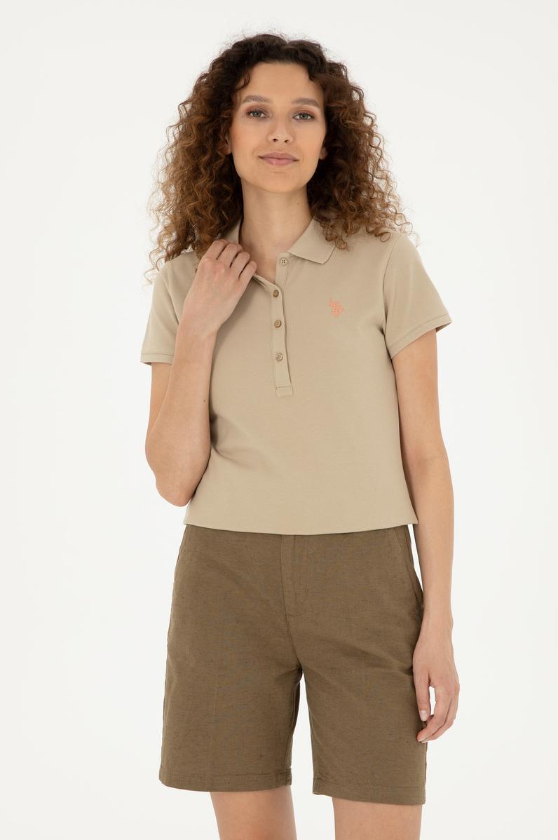 Kadın Açık Haki Basic Polo Yaka Tişört