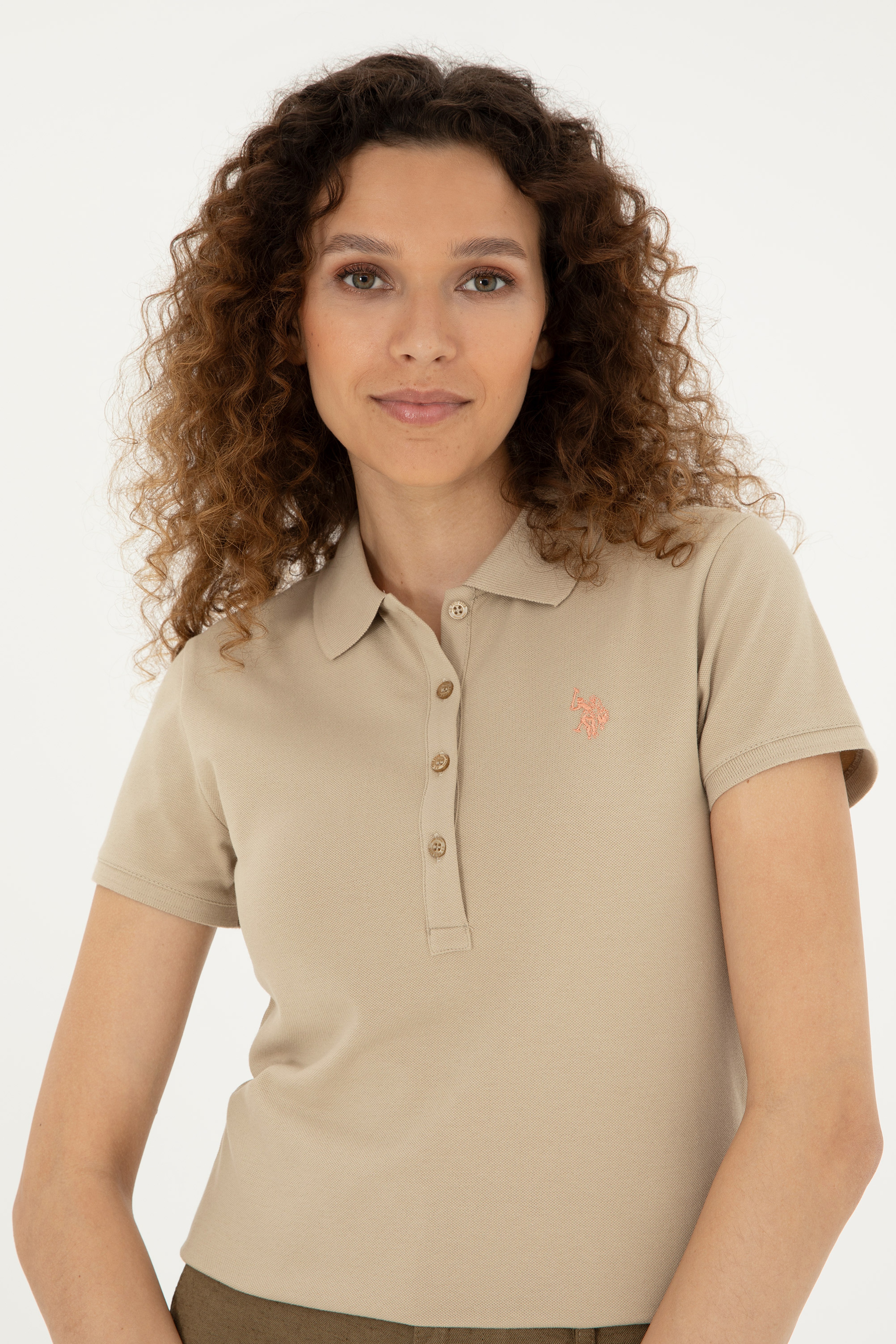 Kadın Açık Haki Basic Polo Yaka Tişört - Image 2