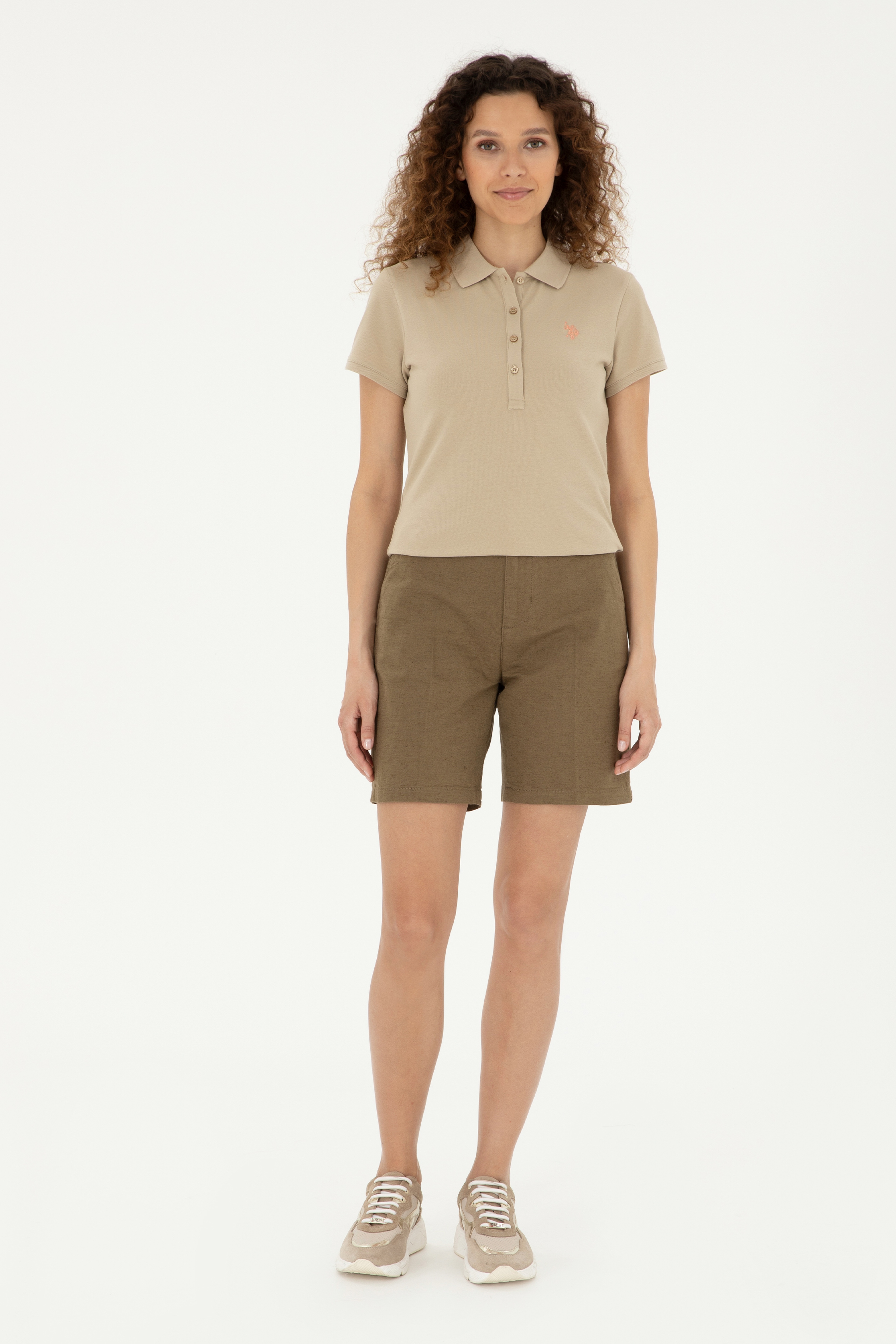 Kadın Açık Haki Basic Polo Yaka Tişört - Image 4