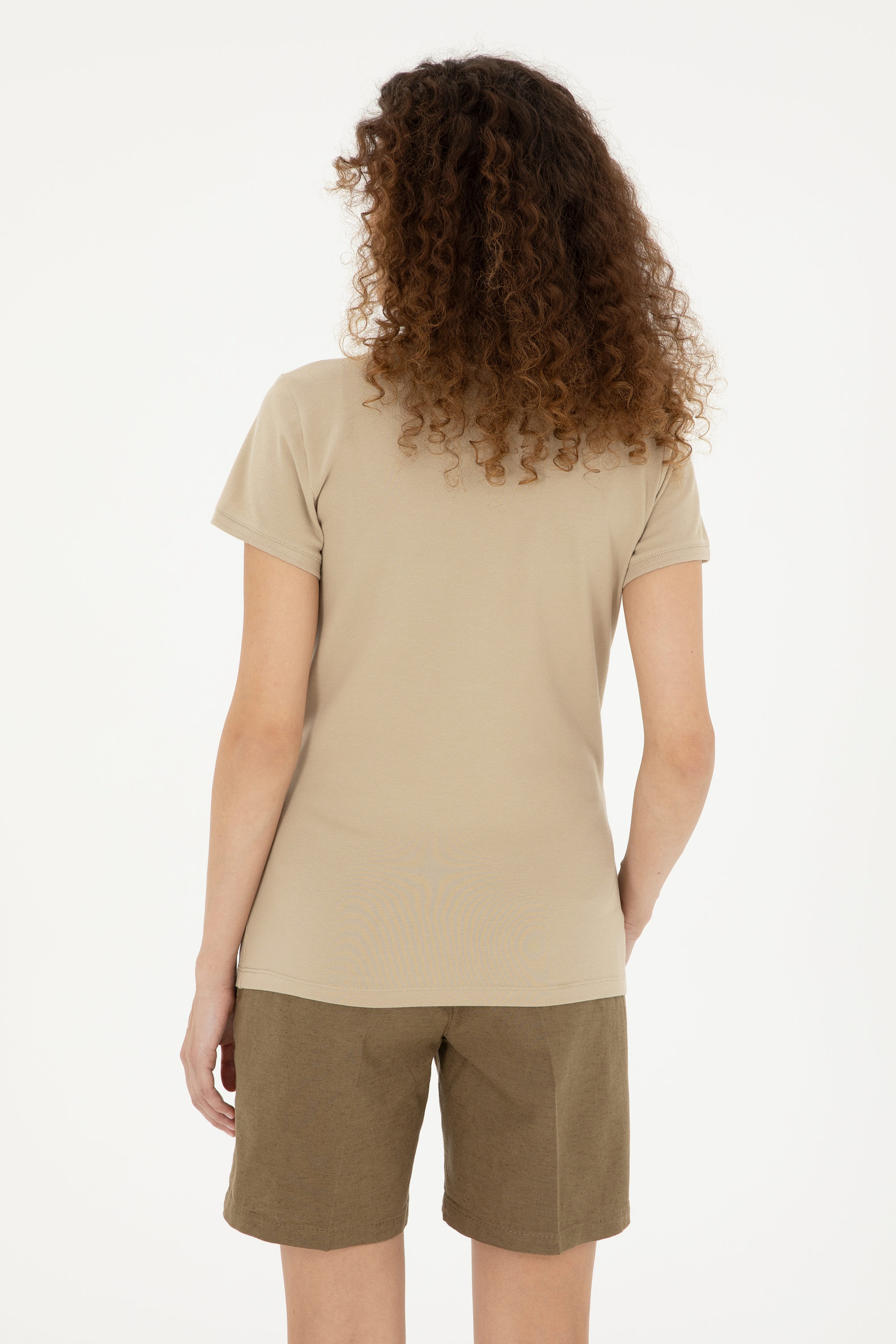 Kadın Açık Haki Basic Polo Yaka Tişört - Image 5