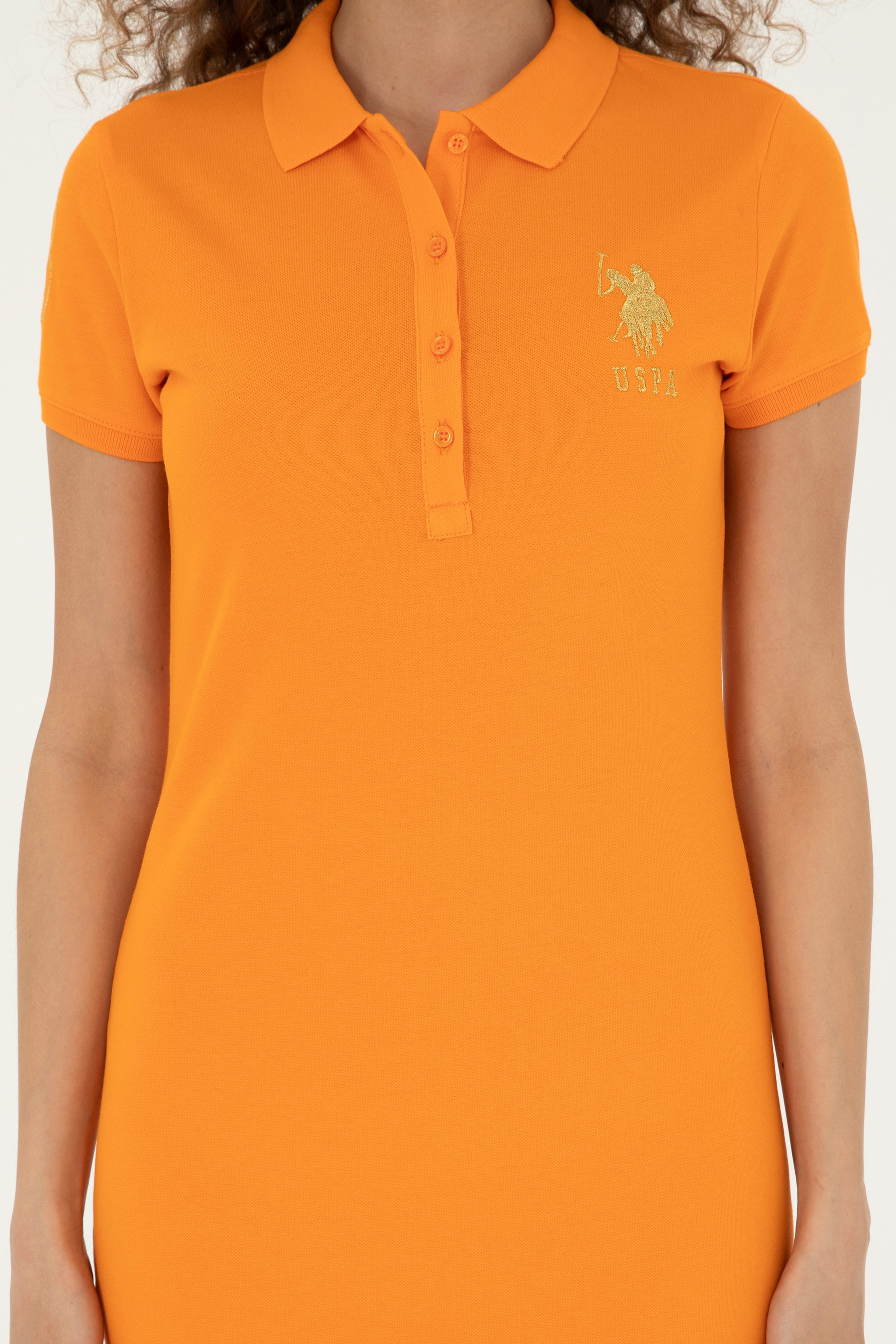 Kadın Turuncu Polo Yaka Mini Boy Örme Elbise - Image 6