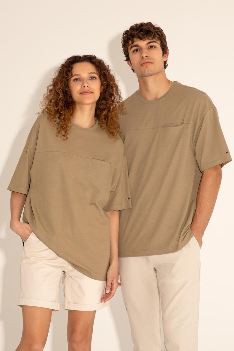 Erkek Comfort Fit Bisiklet Yaka Haki Tişört - 50282236090