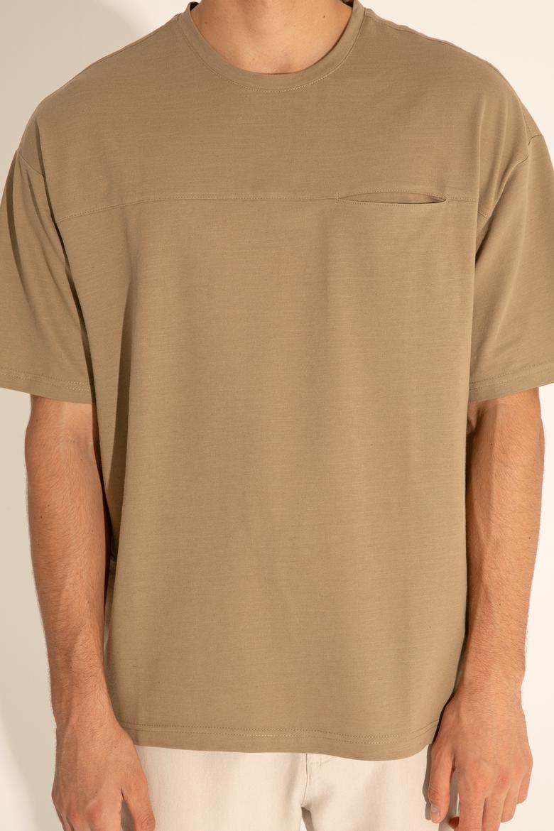 Erkek Comfort Fit Bisiklet Yaka Haki Tişört - 50282236090