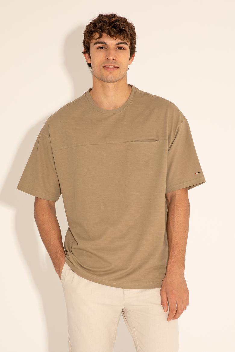 Erkek Comfort Fit Bisiklet Yaka Haki Tişört - 50282236090