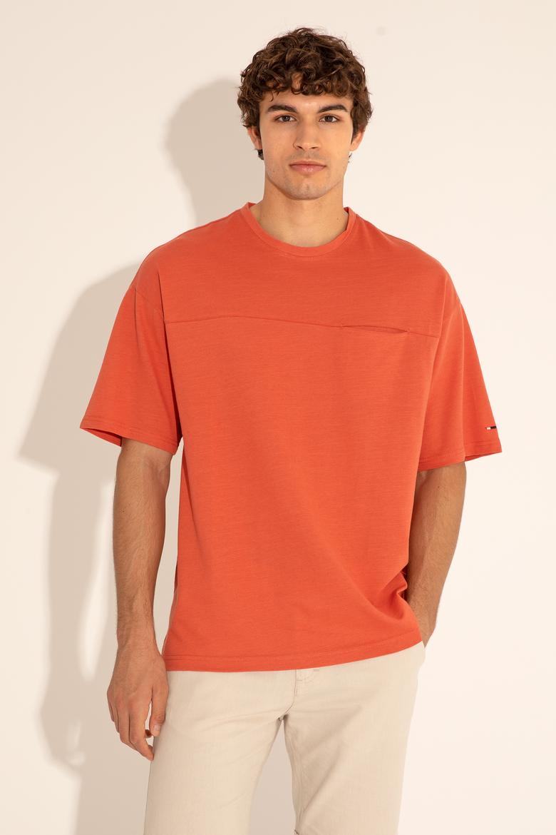 Erkek Comfort Fit Bisiklet Yaka Pudra Tişört - 50282236091