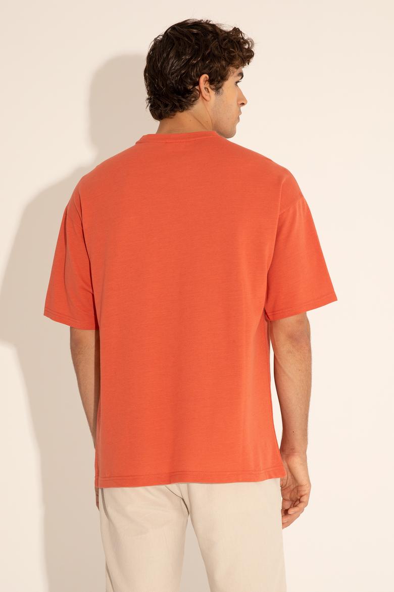 Erkek Comfort Fit Bisiklet Yaka Pudra Tişört - 50282236091