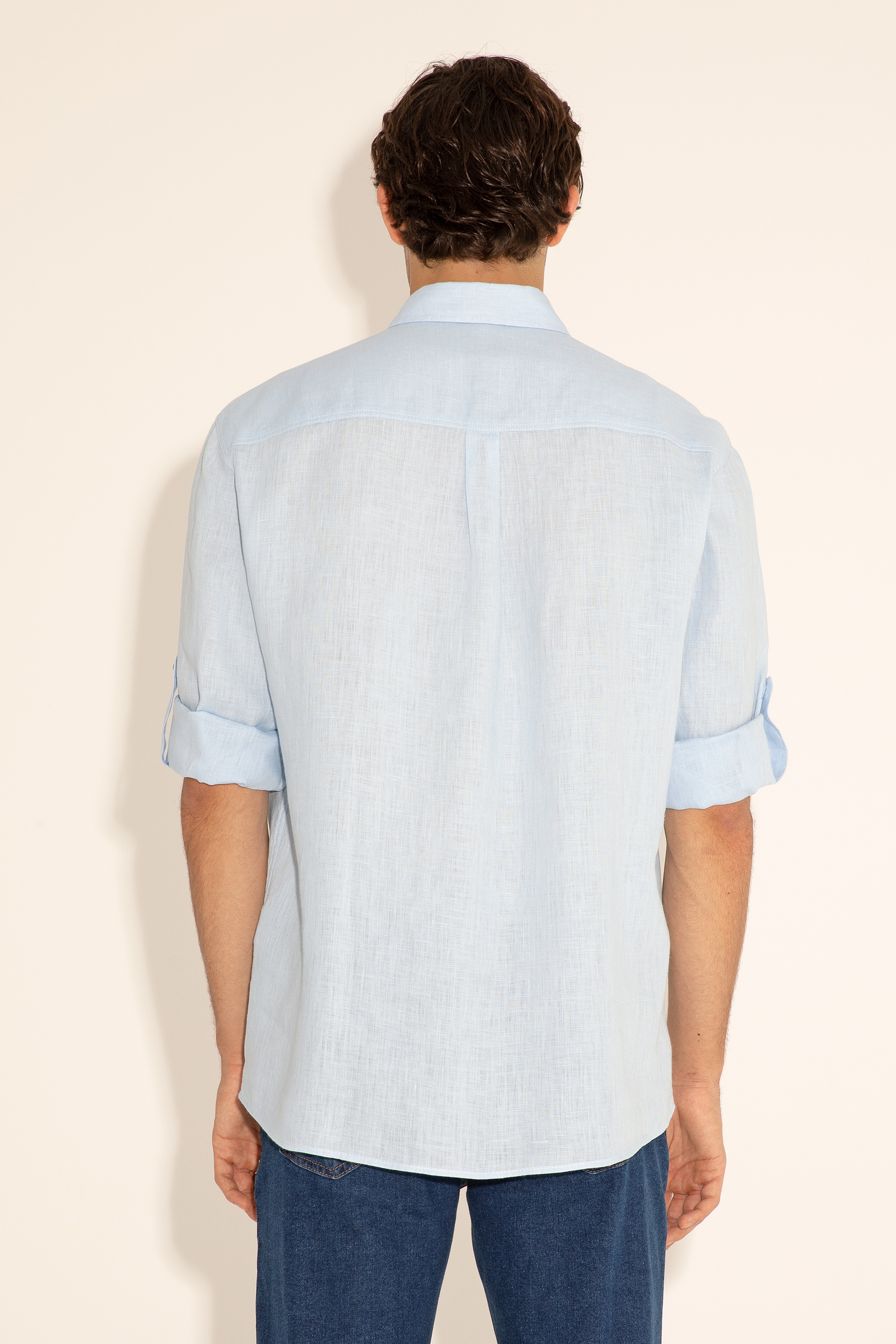 Açık Mavi Unisex Keten Gömlek - Image 6