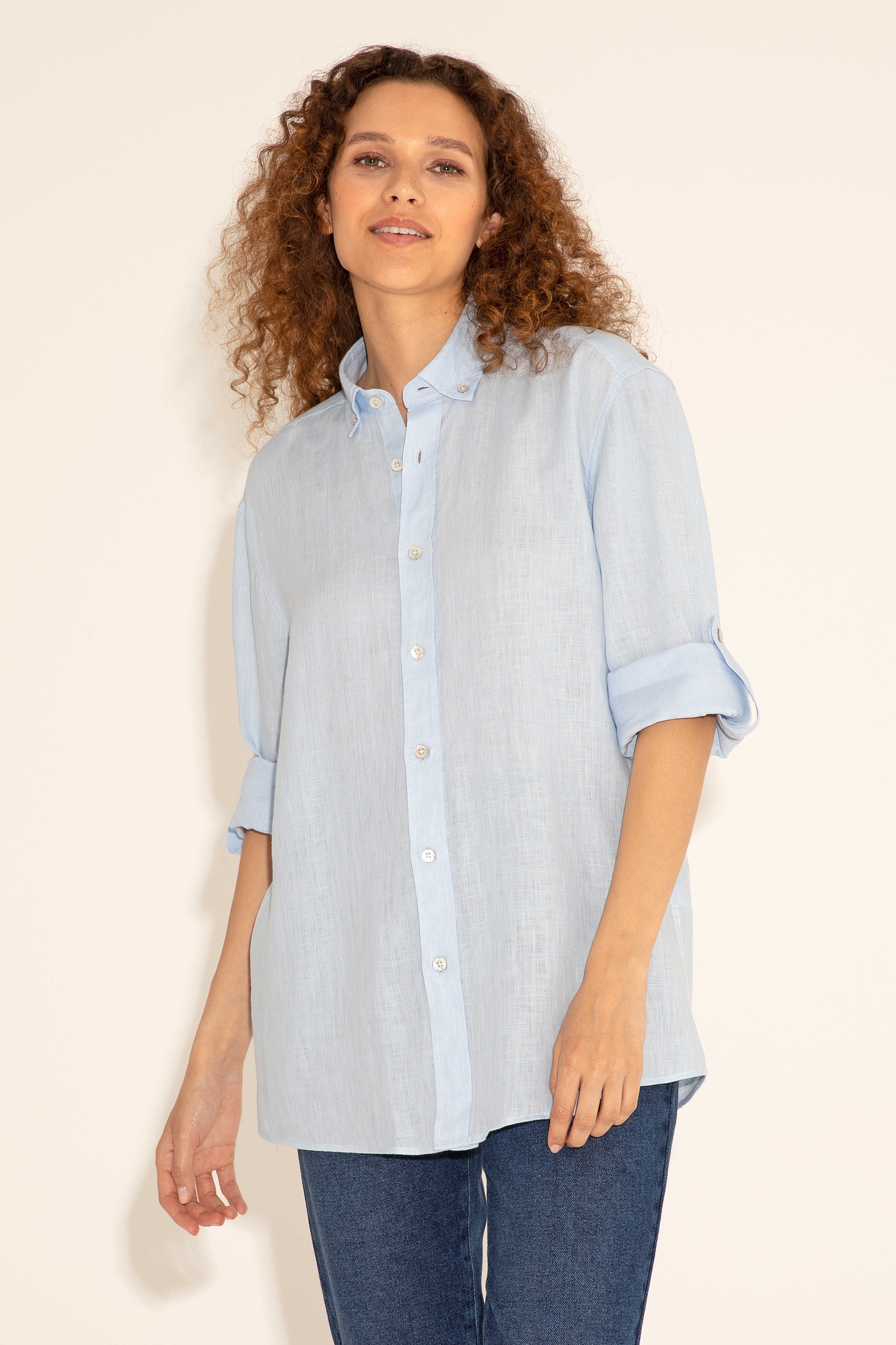Açık Mavi Unisex Keten Gömlek - Image 3