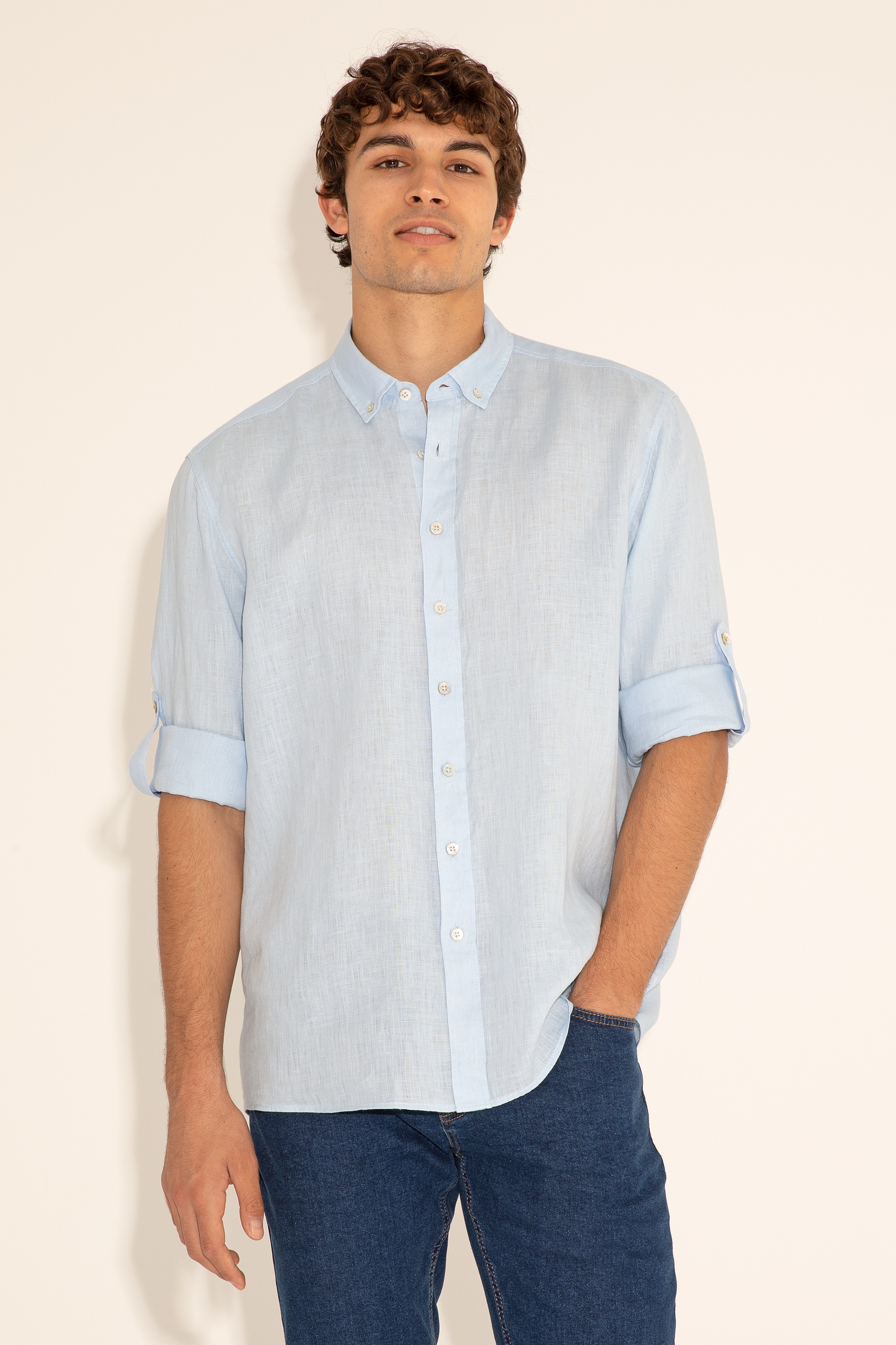 Açık Mavi Unisex Keten Gömlek - Image 5