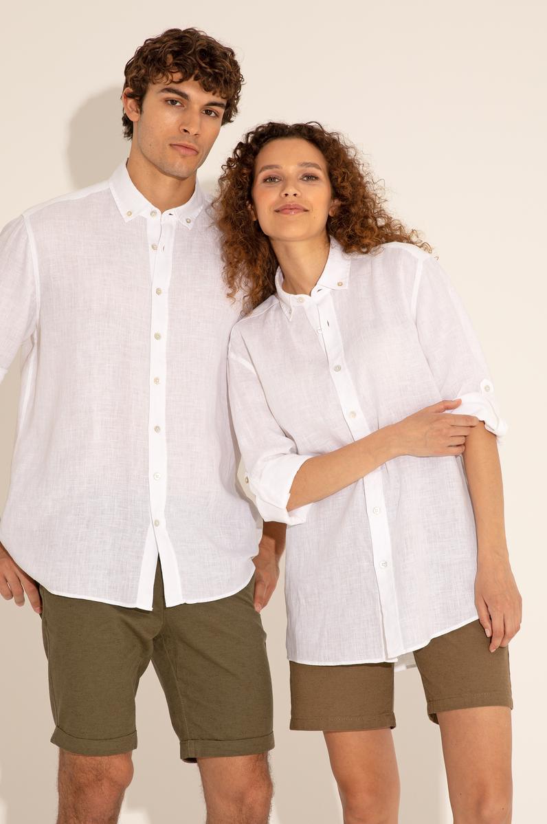 Beyaz Unisex Keten Gömlek