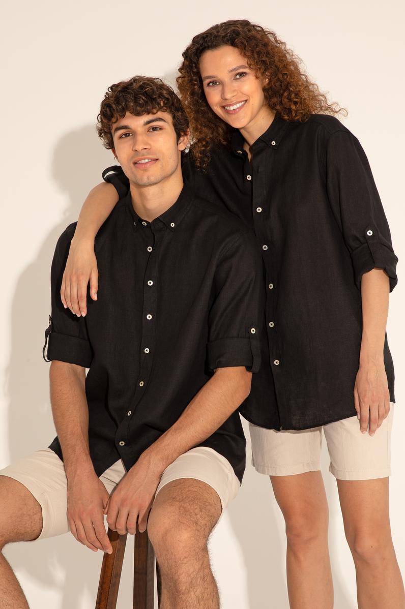 Siyah Unisex Keten Gömlek
