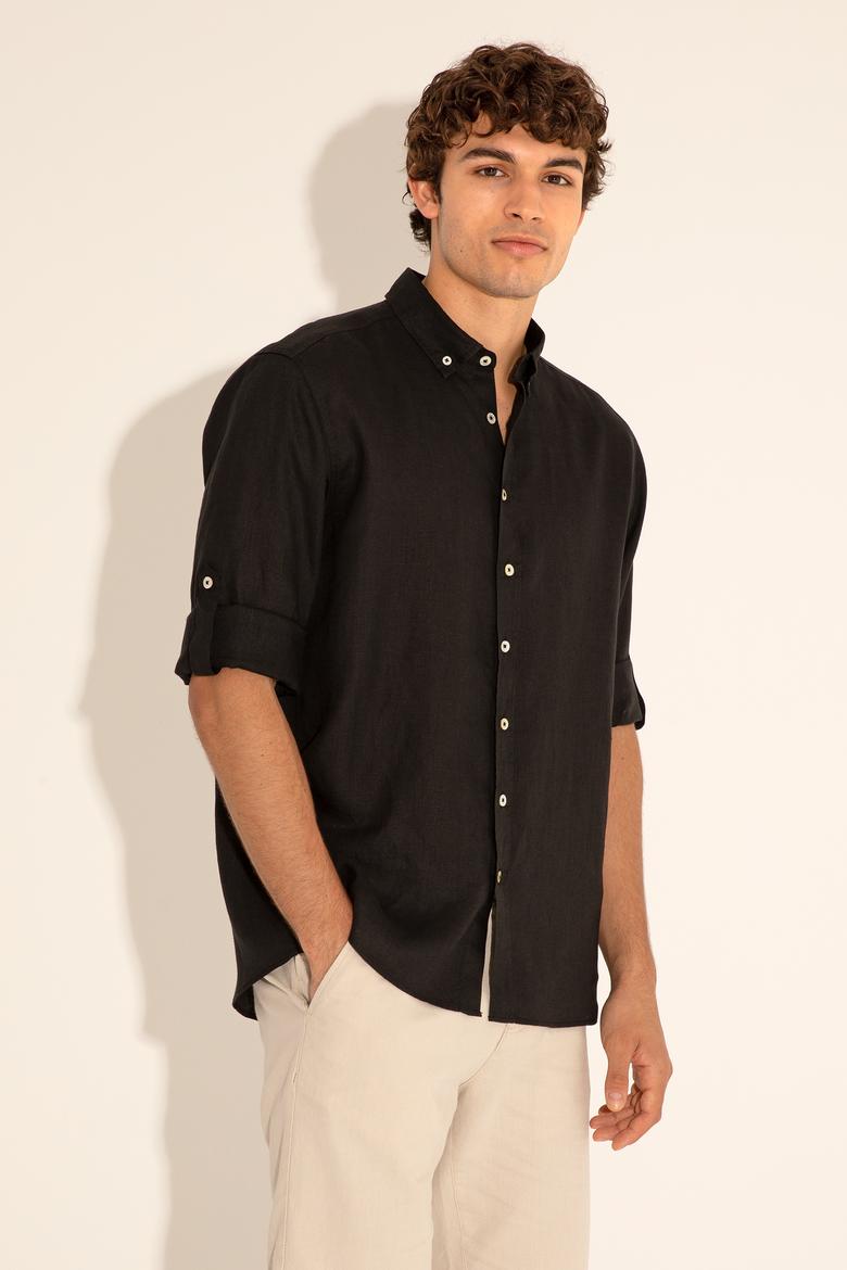 Siyah Unisex Keten Gömlek - 50284324071