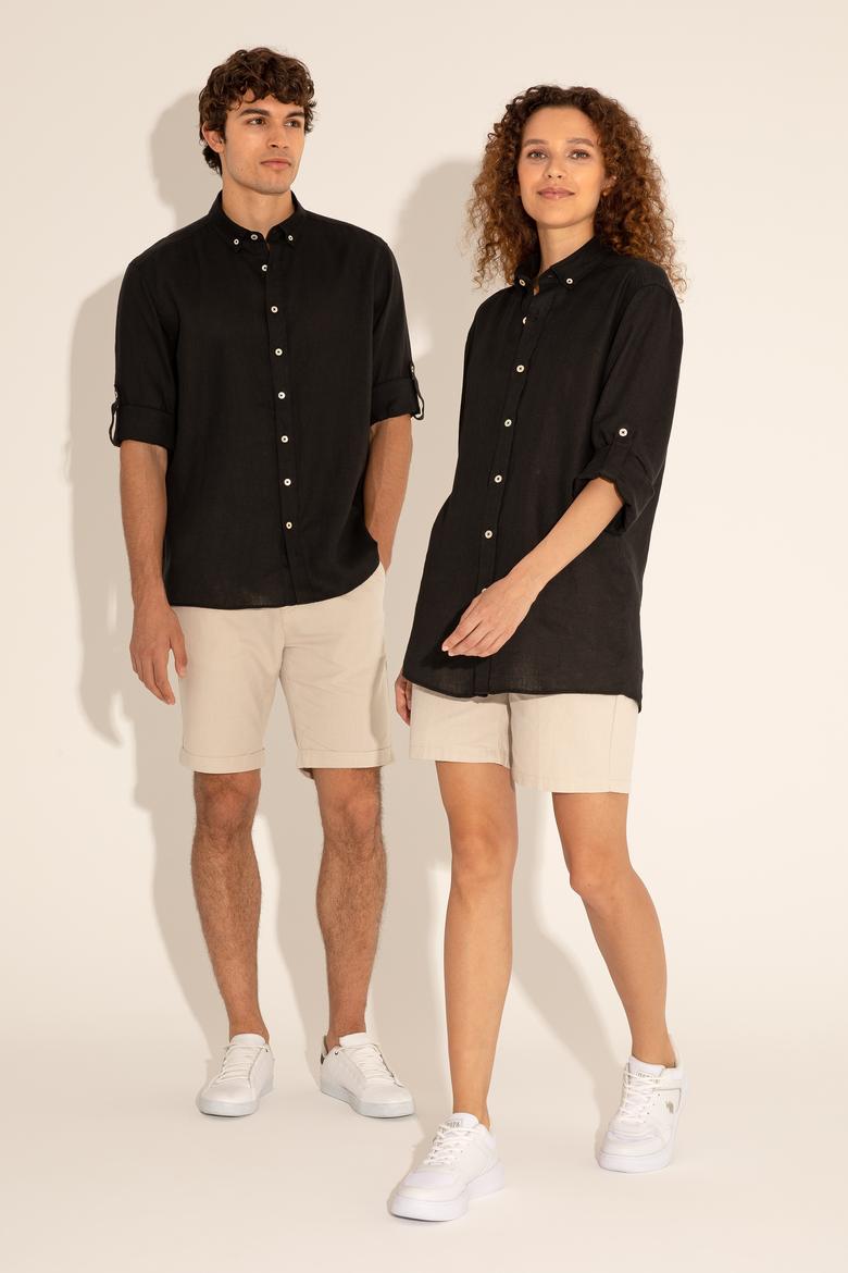 Siyah Unisex Keten Gömlek - 50284324071