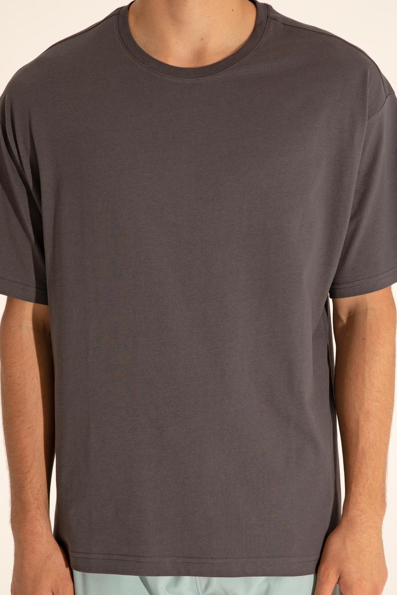 Erkek Comfort Fit Bisiklet Yaka Antrasit Tişört - 50287046039