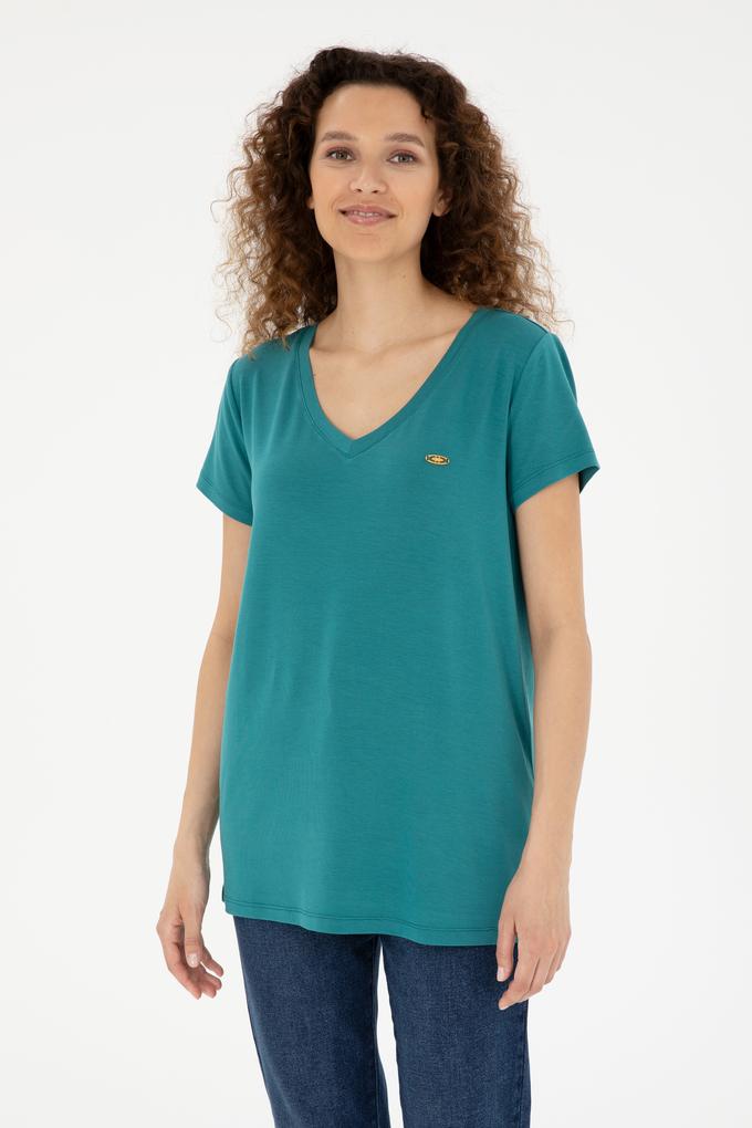 Kadın Koyu Yeşil V Yaka Basic Tişört