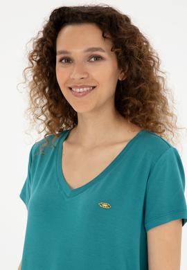 Kadın Koyu Yeşil V Yaka Basic Tişört - 50280019131