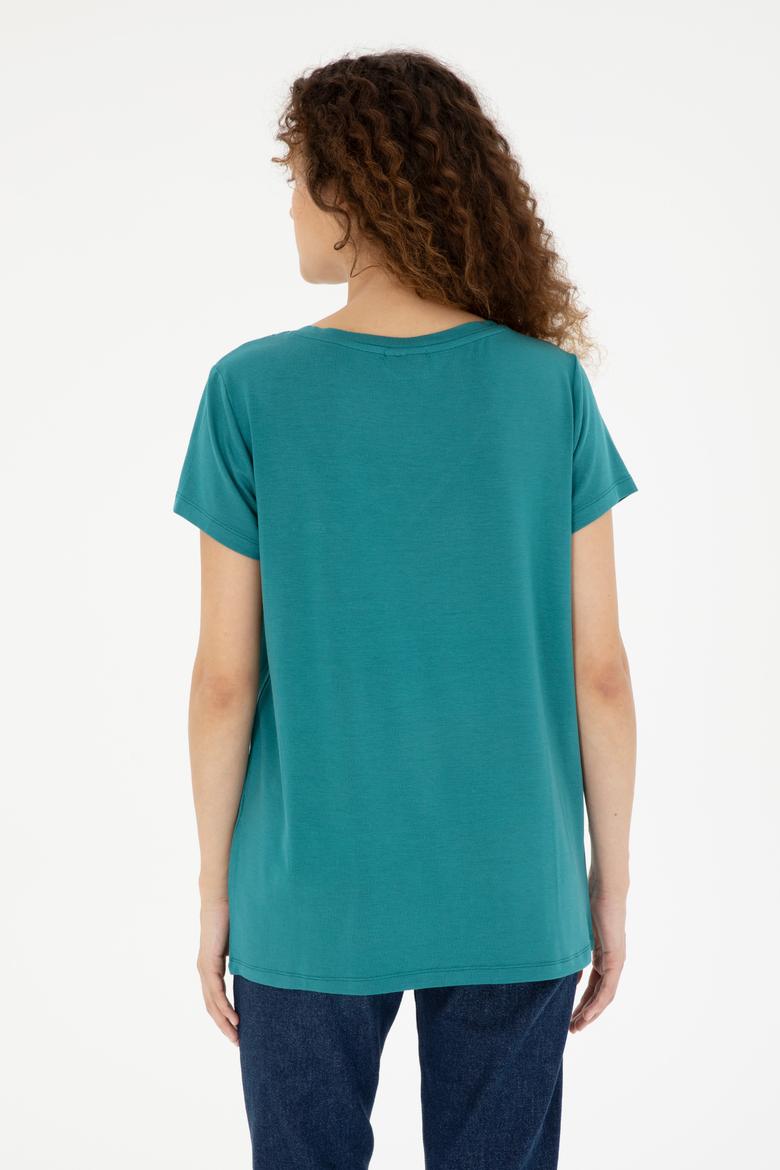 Kadın Koyu Yeşil V Yaka Basic Tişört - 50280019131