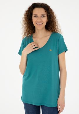 Kadın Koyu Yeşil V Yaka Basic Tişört - 50280019131