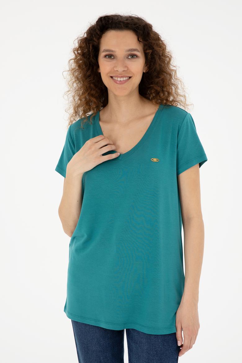 Kadın Koyu Yeşil V Yaka Basic Tişört - 50280019131