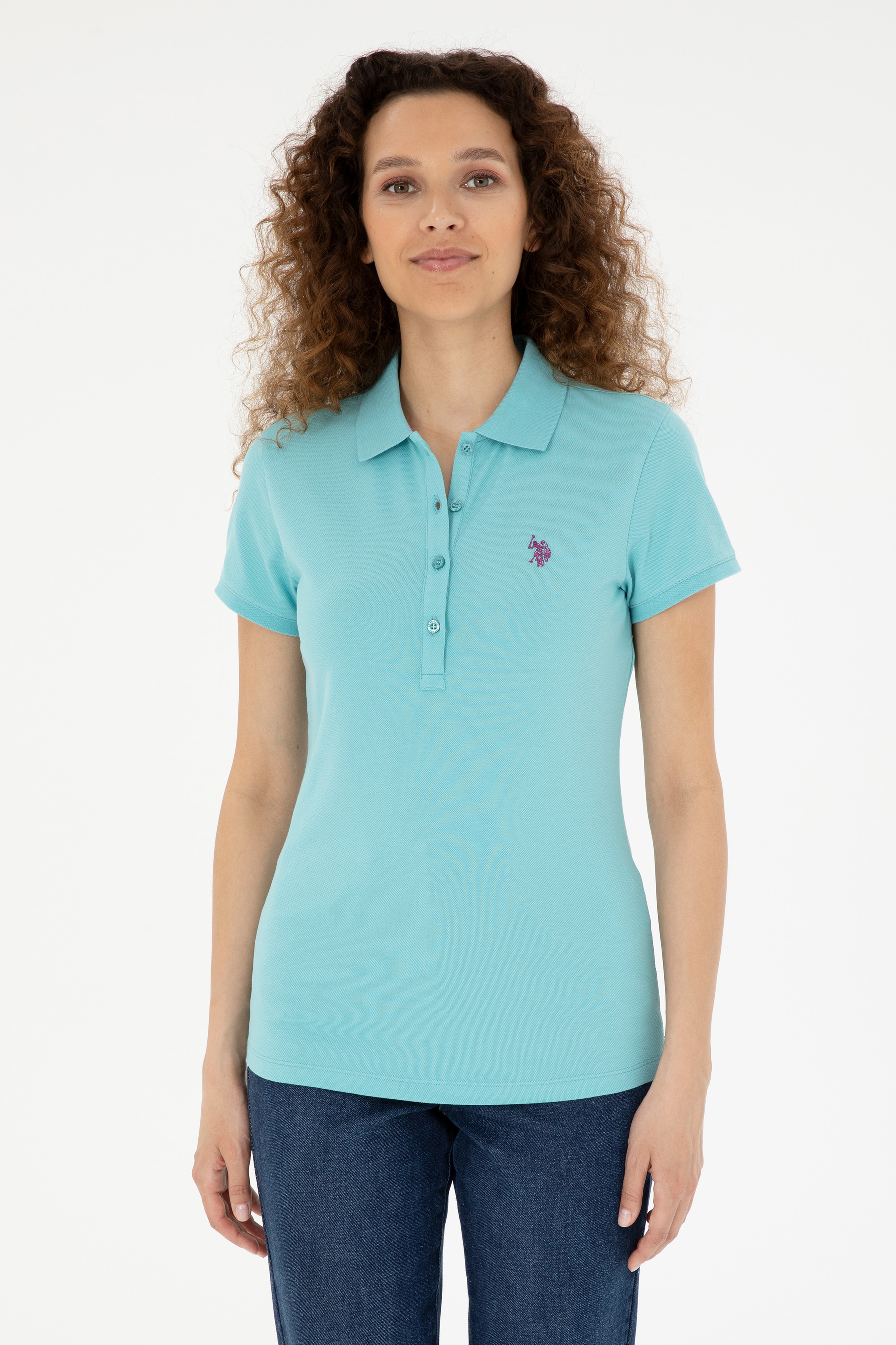 Kadın Mint Basic Polo Yaka Tişört - Image 1