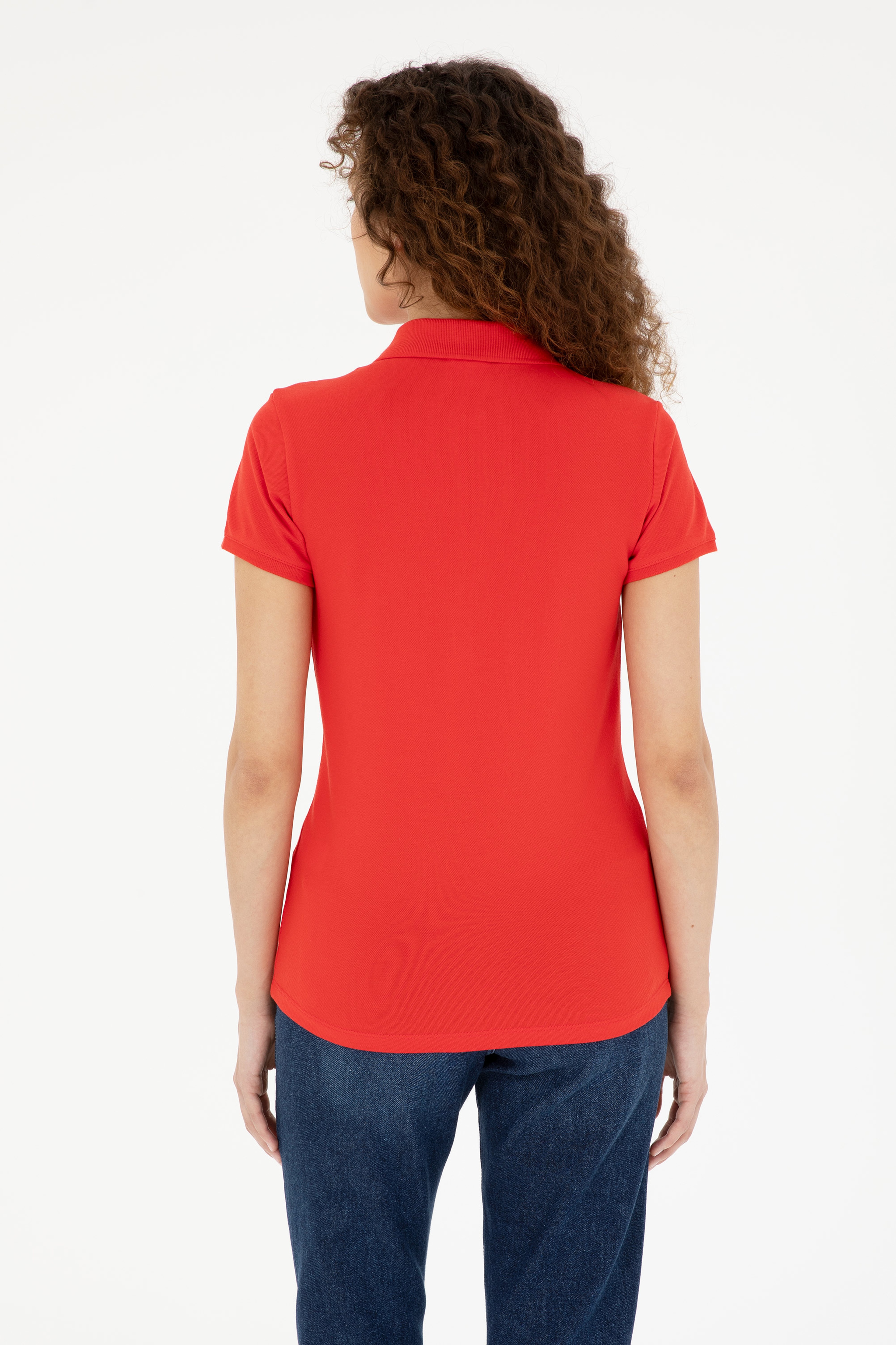 Kadın Kırmızı Basic Polo Yaka Tişört - Image 5
