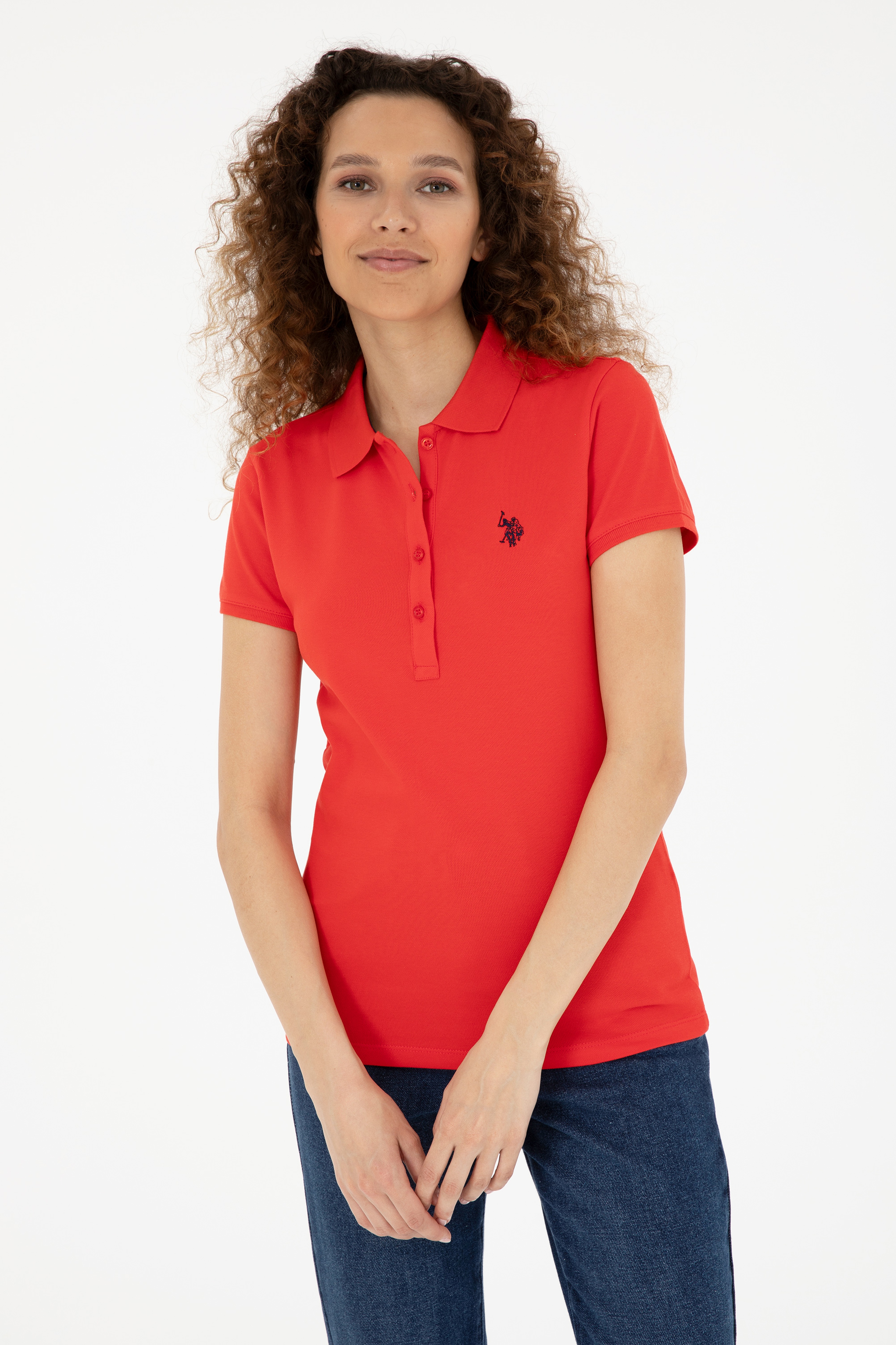 Kadın Kırmızı Basic Polo Yaka Tişört - Image 3