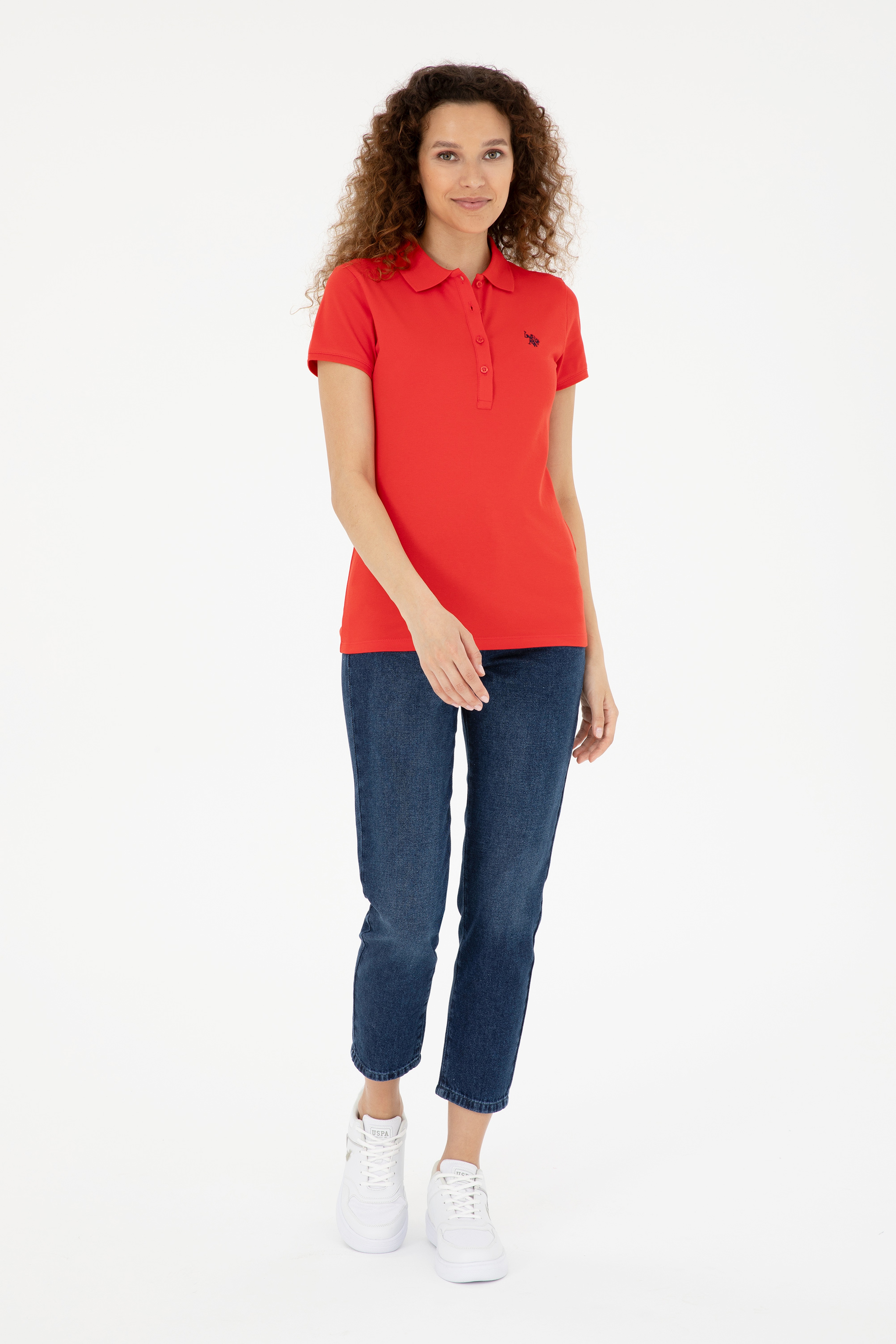 Kadın Kırmızı Basic Polo Yaka Tişört - Image 4
