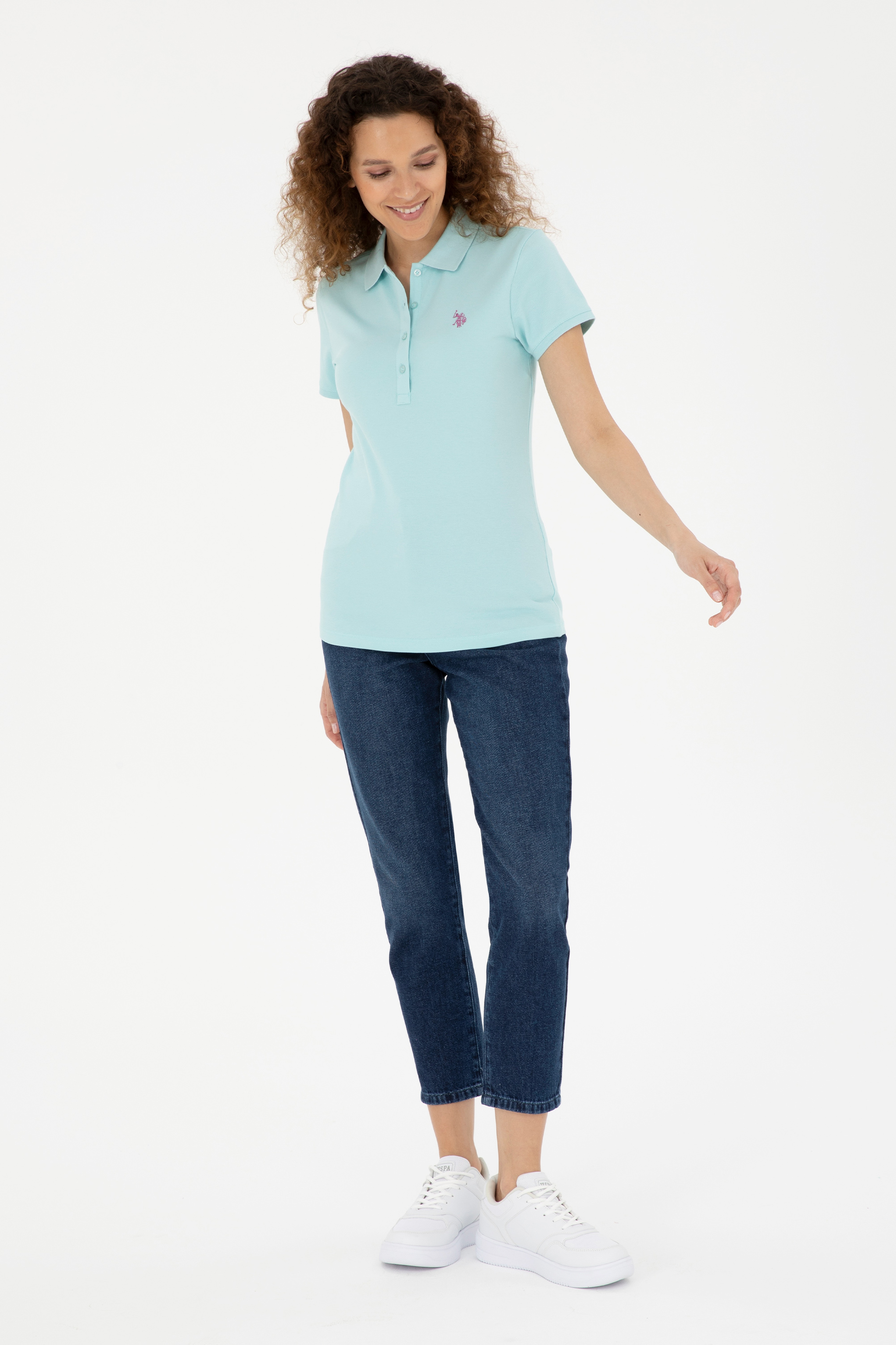 Kadın Su Yeşili Basic Polo Yaka Tişört - Image 4