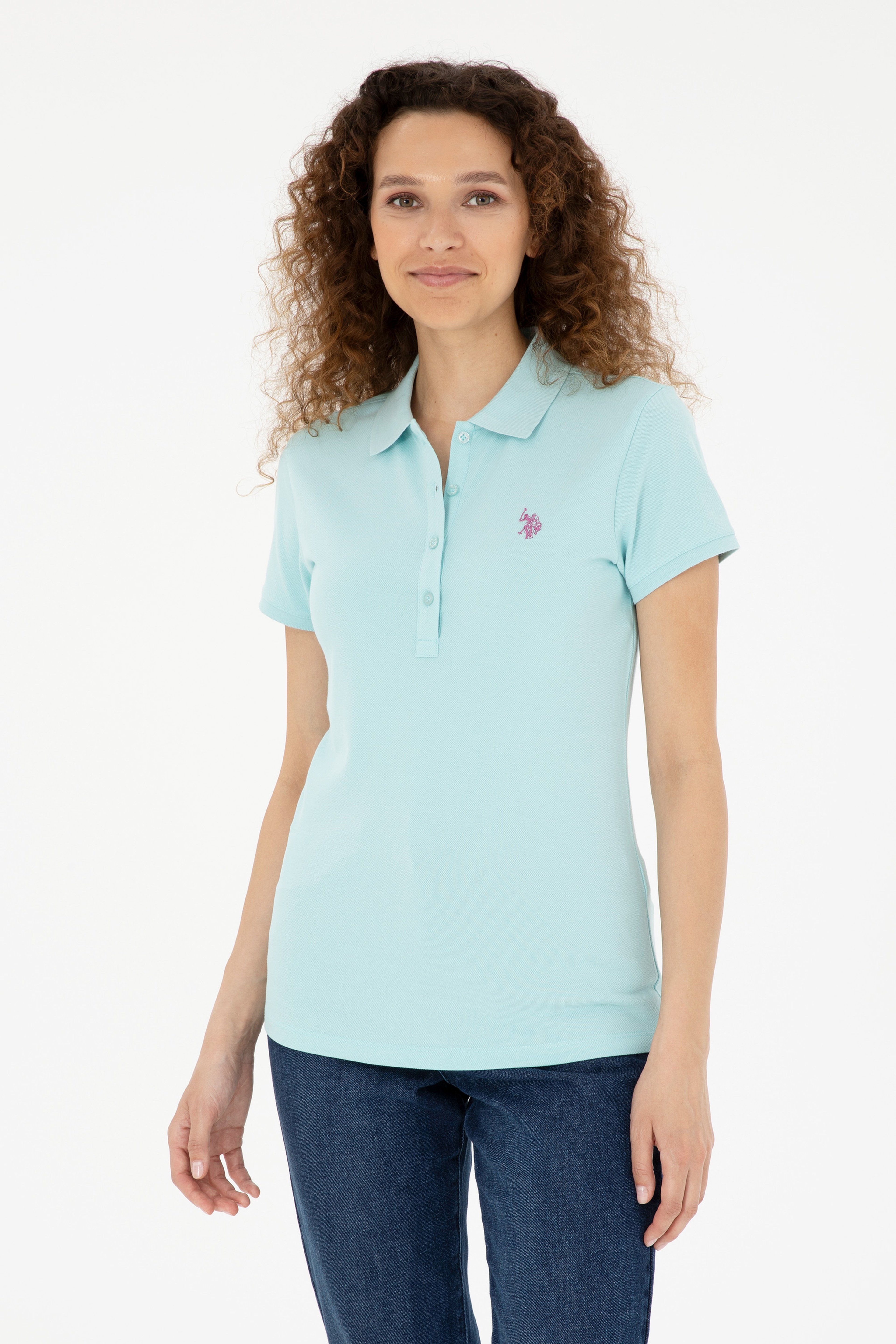Kadın Su Yeşili Basic Polo Yaka Tişört - Image 1