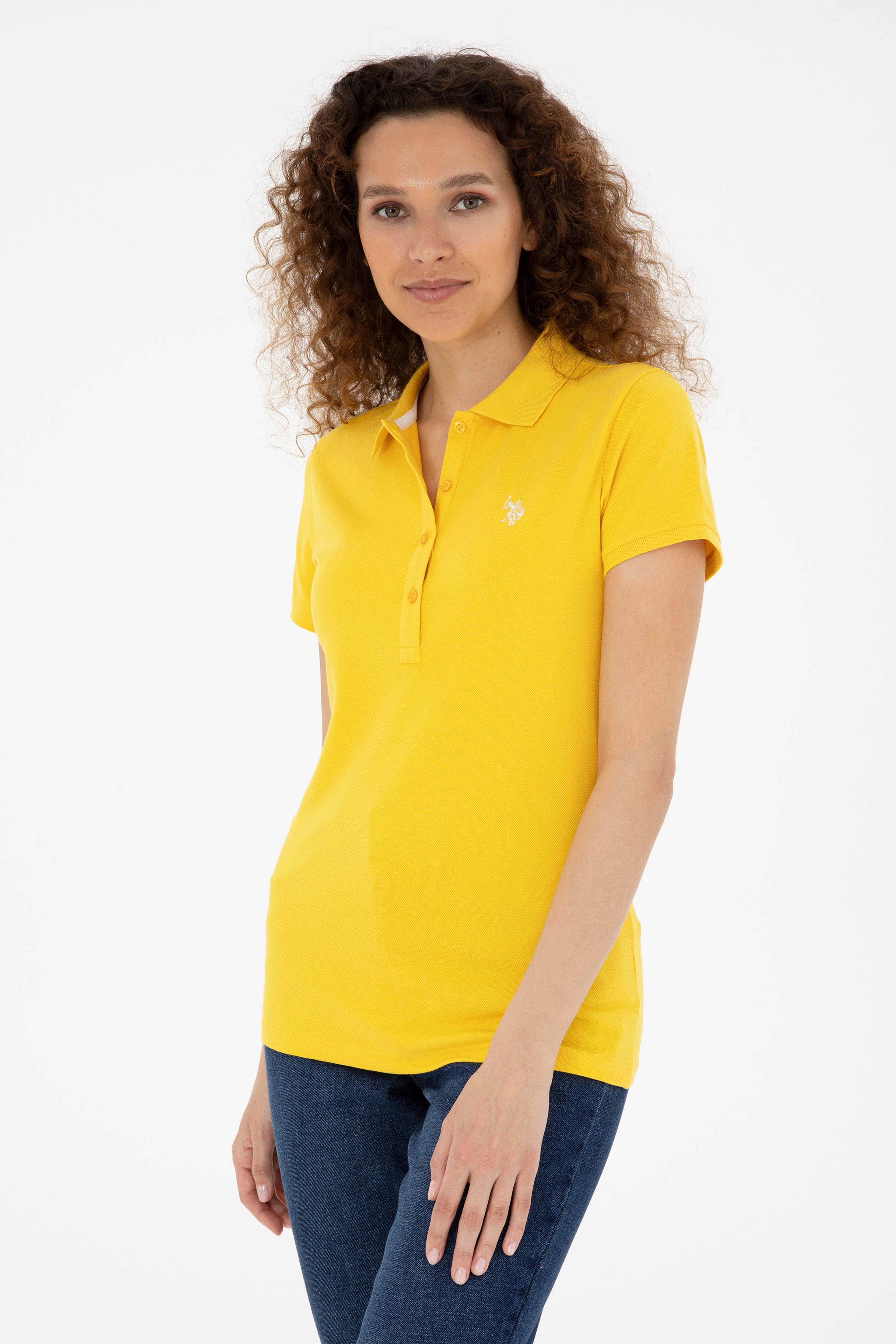 Kadın Sarı Basic Polo Yaka Tişört - Image 3