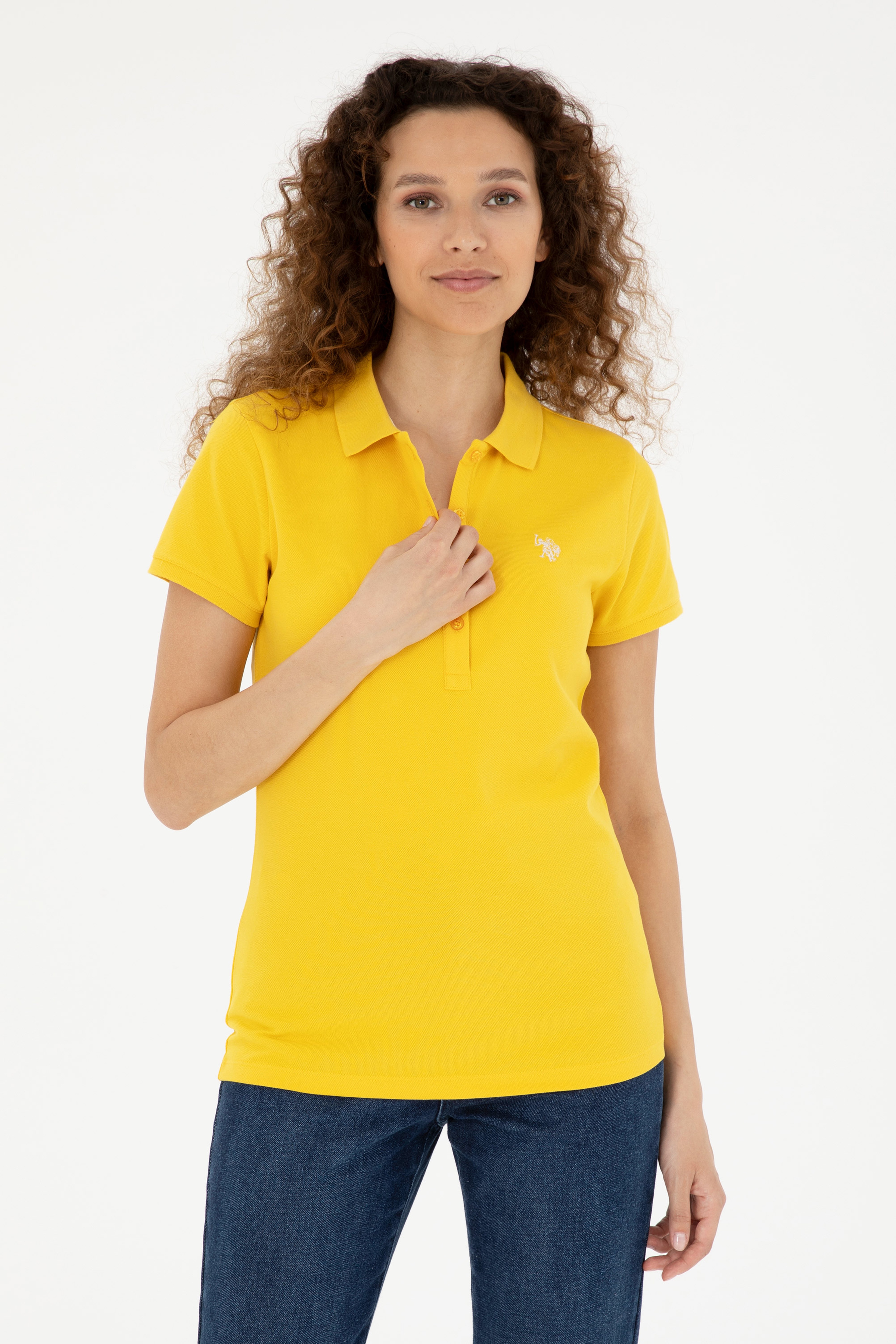 Kadın Sarı Basic Polo Yaka Tişört - Image 1