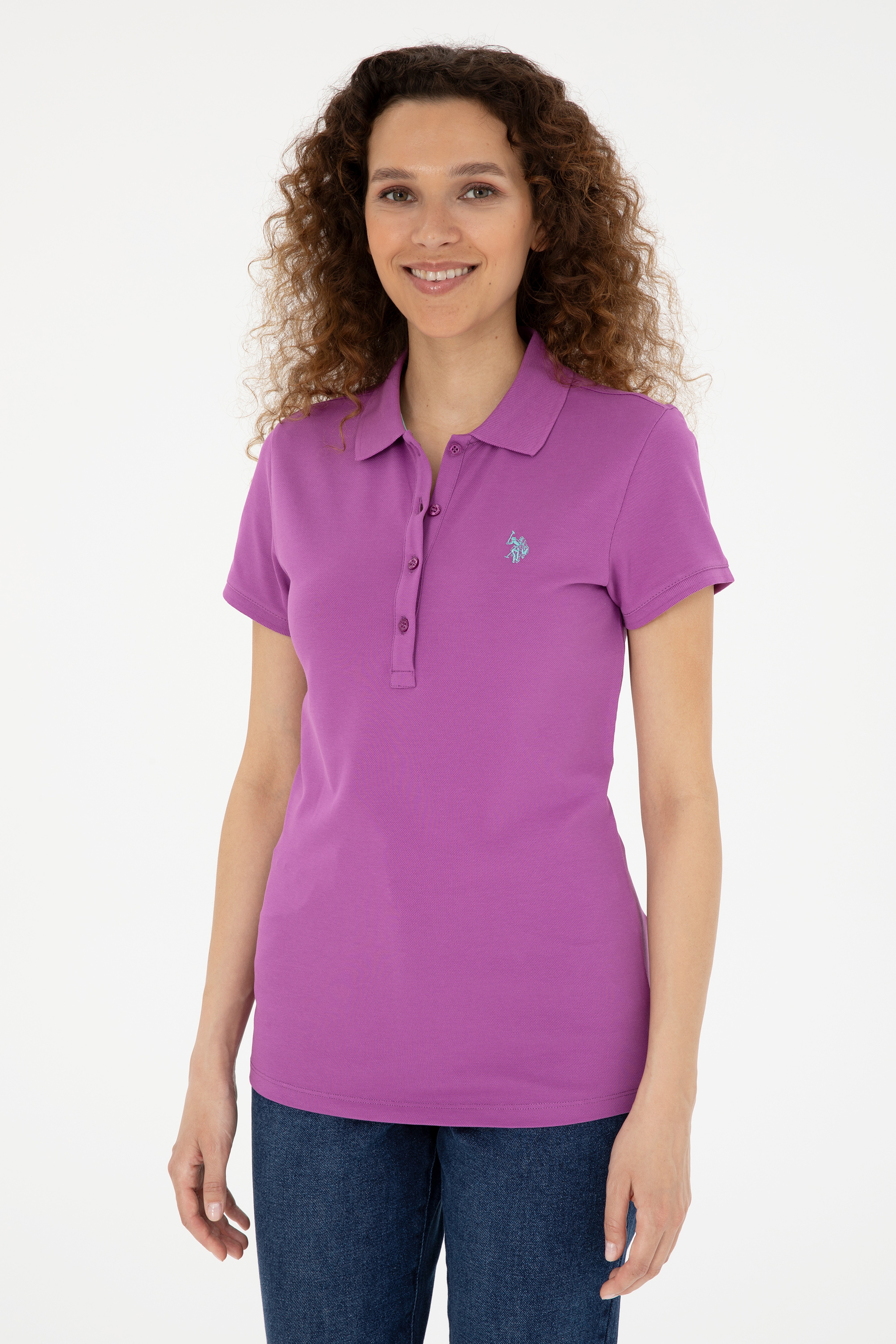 Kadın Mor Basic Polo Yaka Tişört