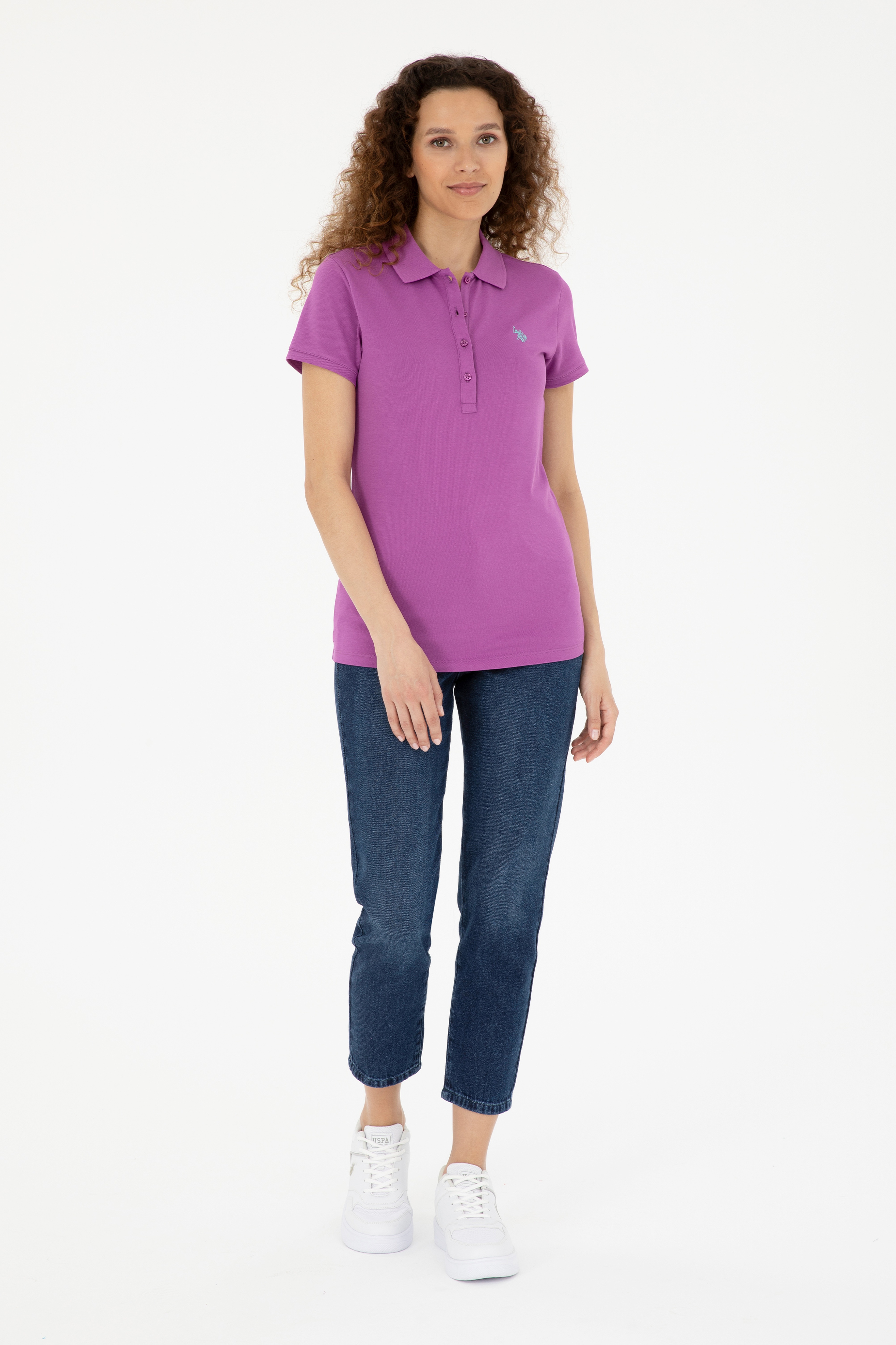 Kadın Mor Basic Polo Yaka Tişört - Image 4
