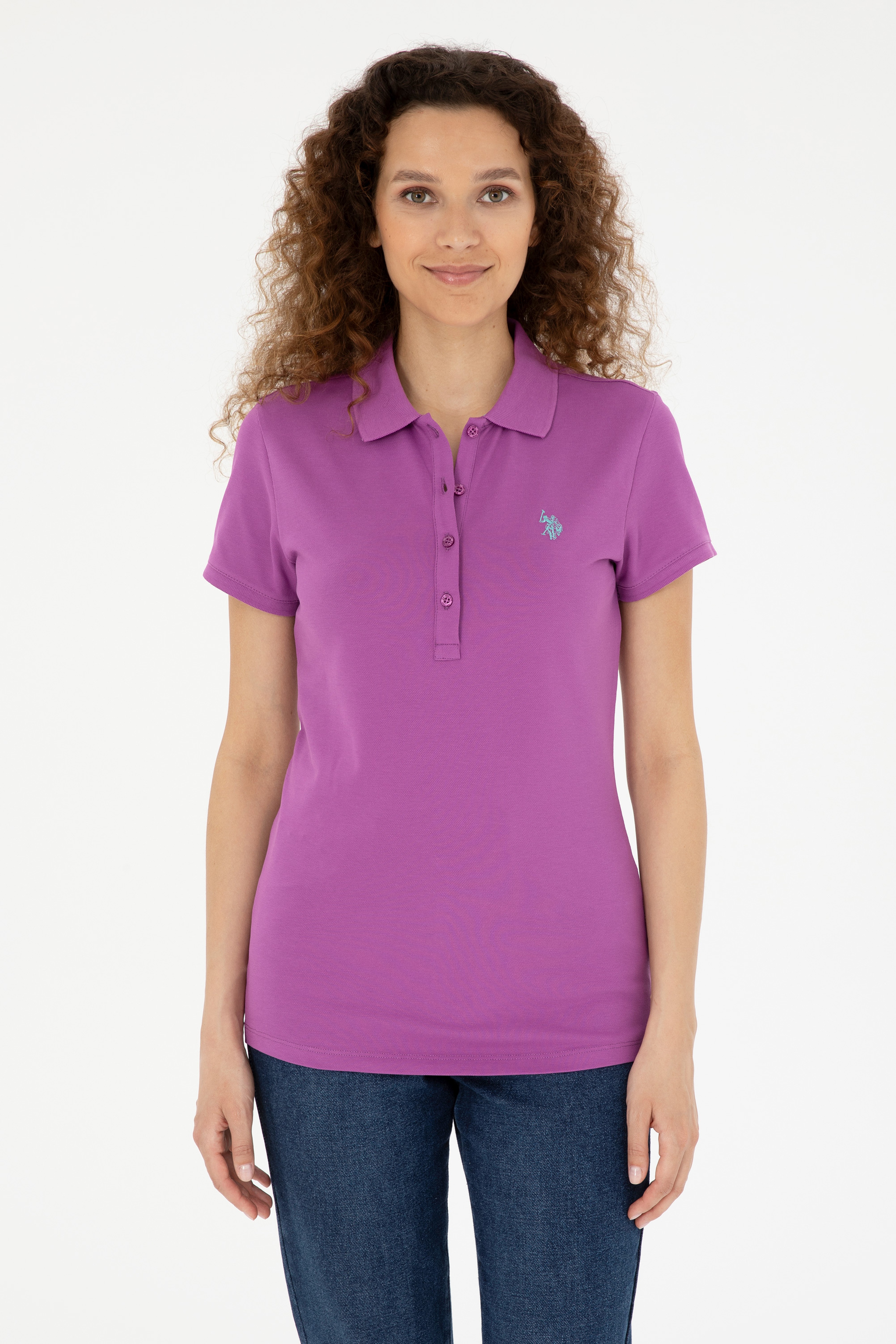 Kadın Mor Basic Polo Yaka Tişört - Image 1
