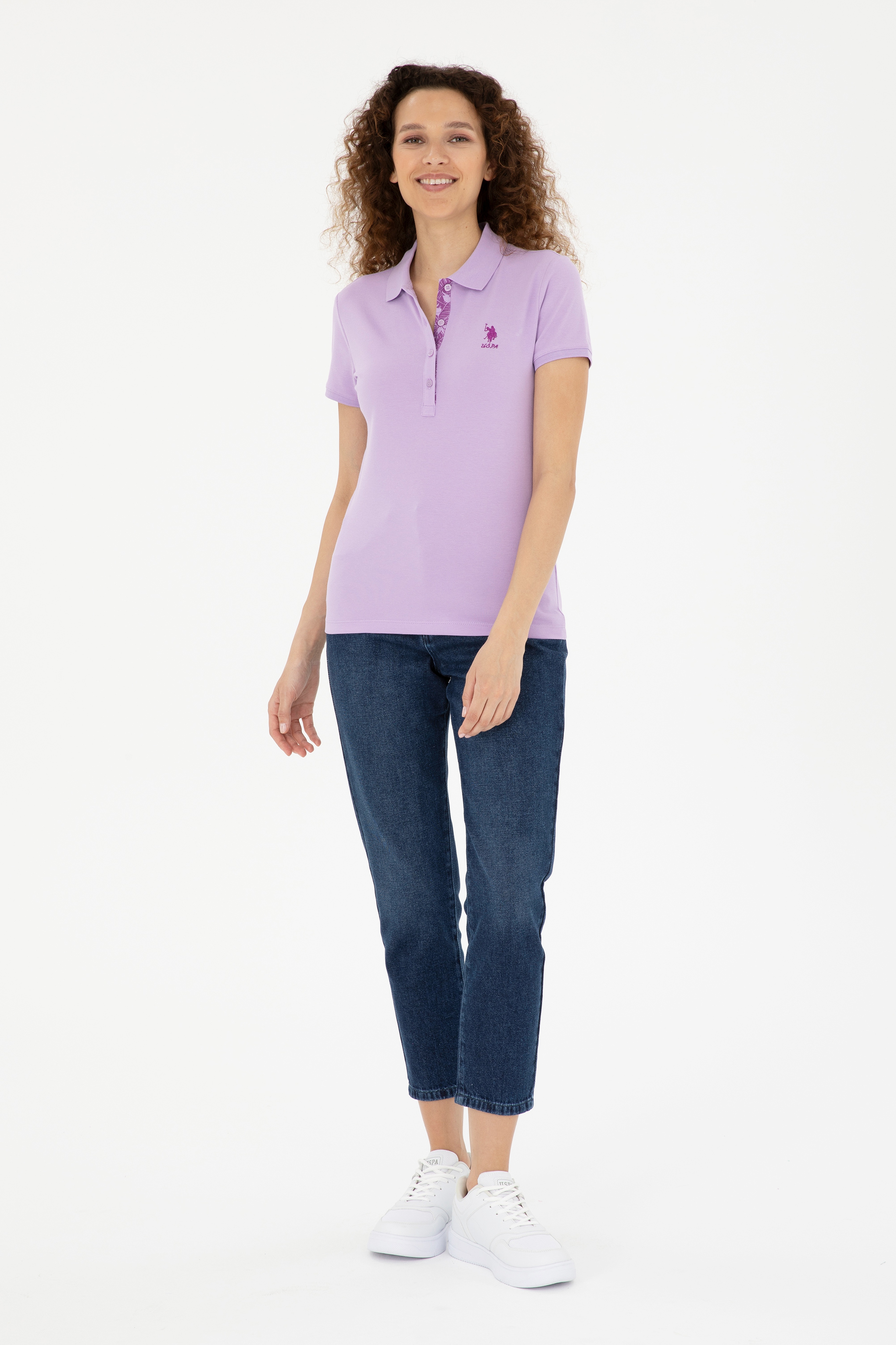 Kadın Lila Basic Polo Yaka Tişört - Image 4