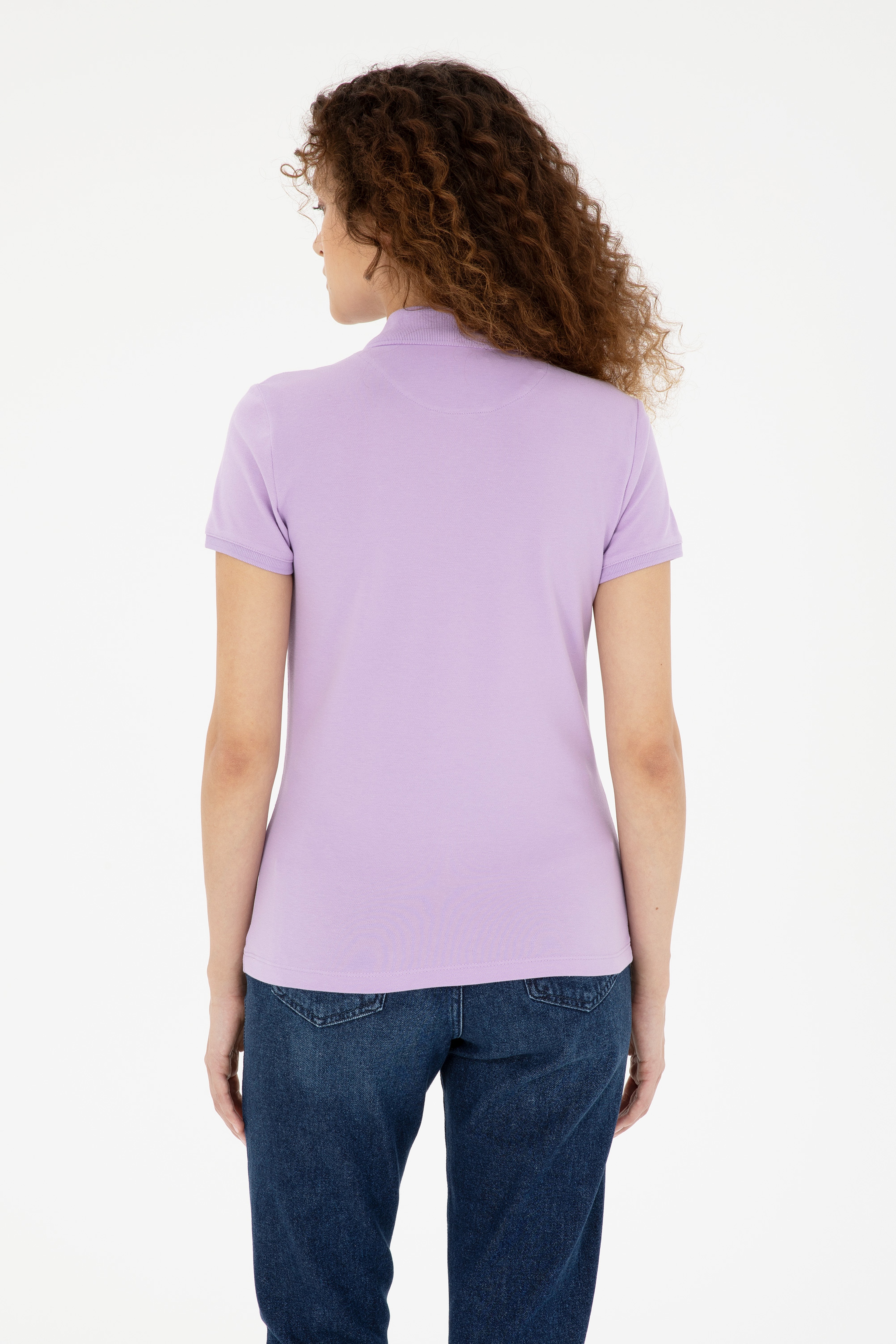 Kadın Lila Basic Polo Yaka Tişört - Image 5