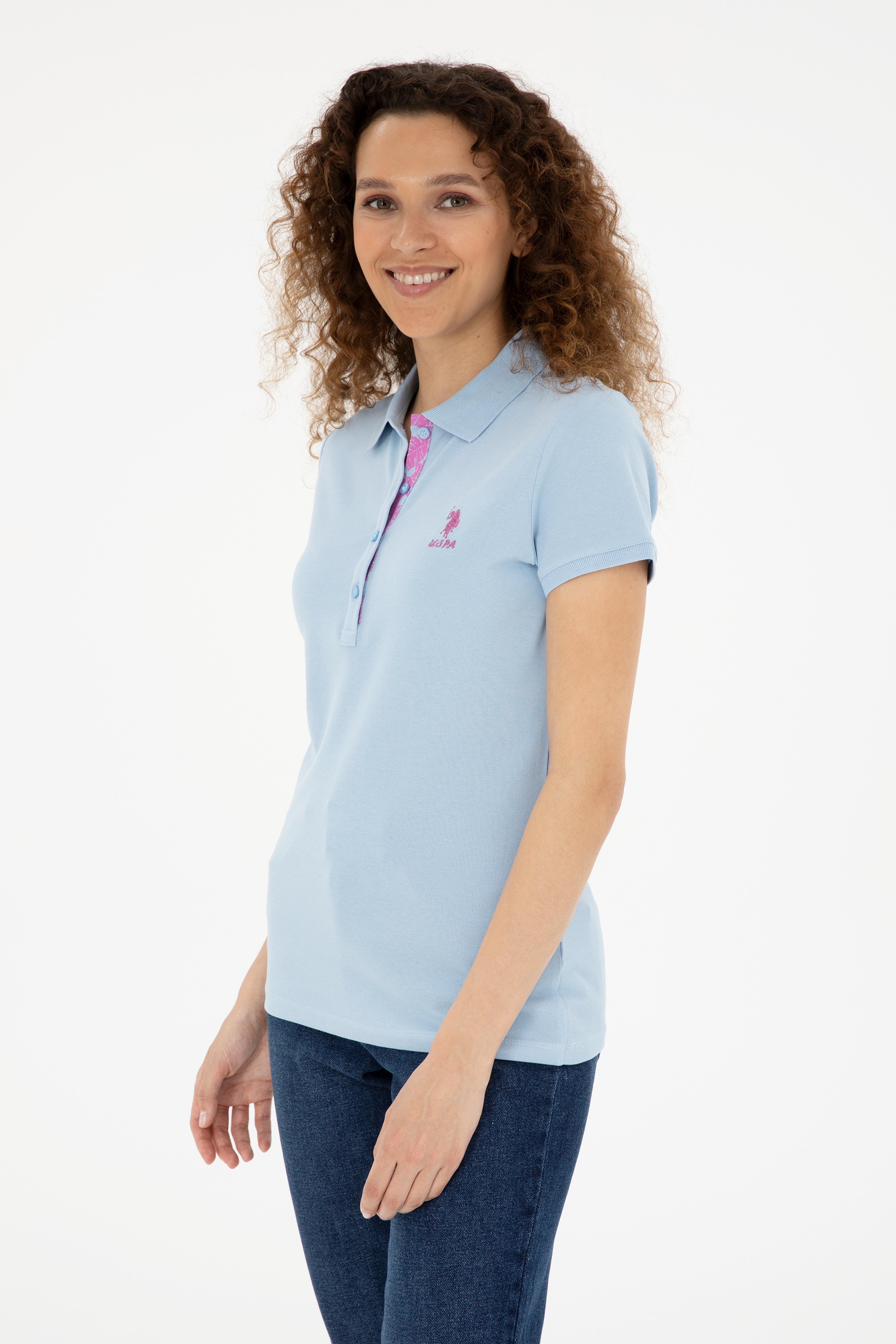 Kadın Açık Mavi Basic Polo Yaka Tişört