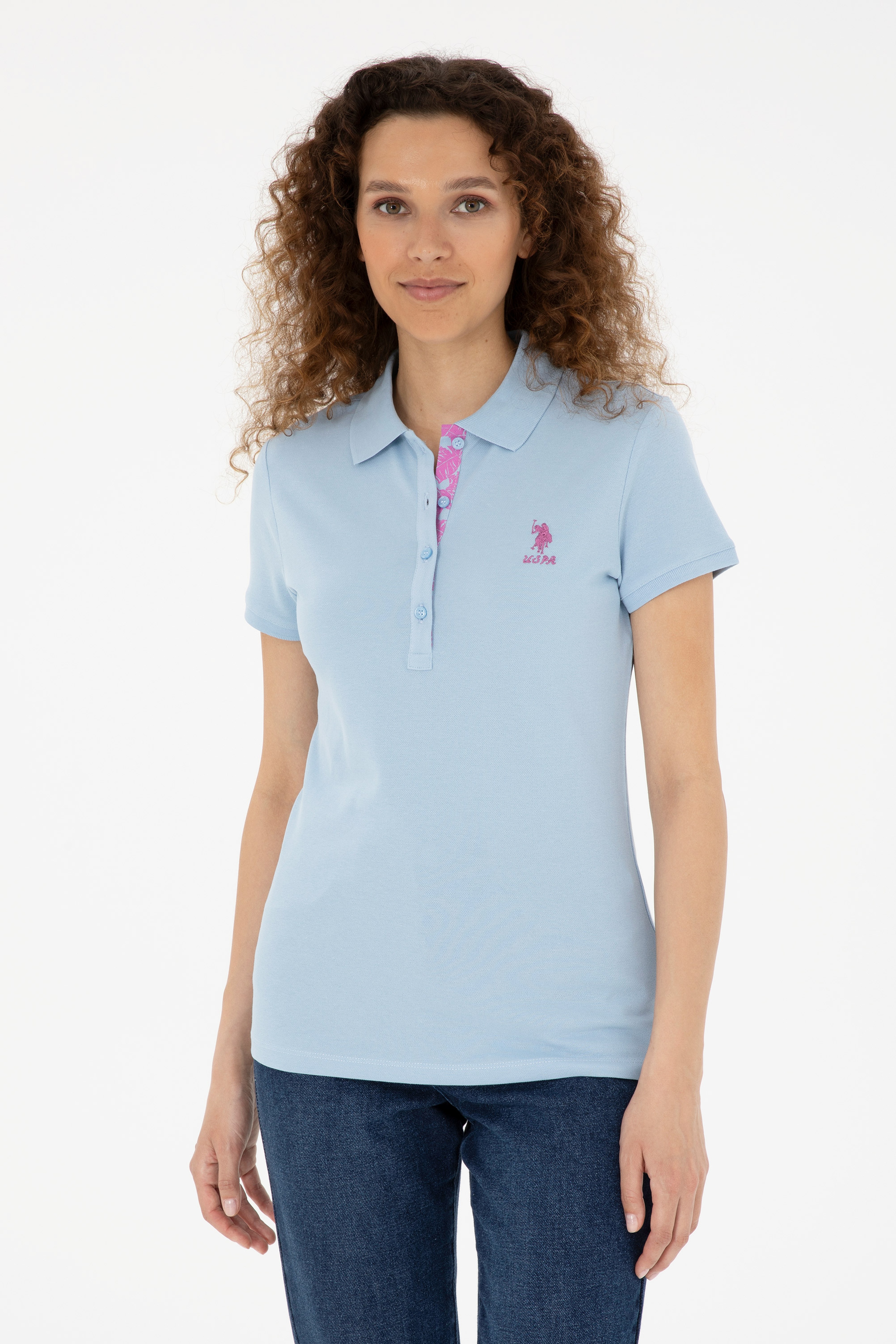 Kadın Açık Mavi Basic Polo Yaka Tişört - Image 1