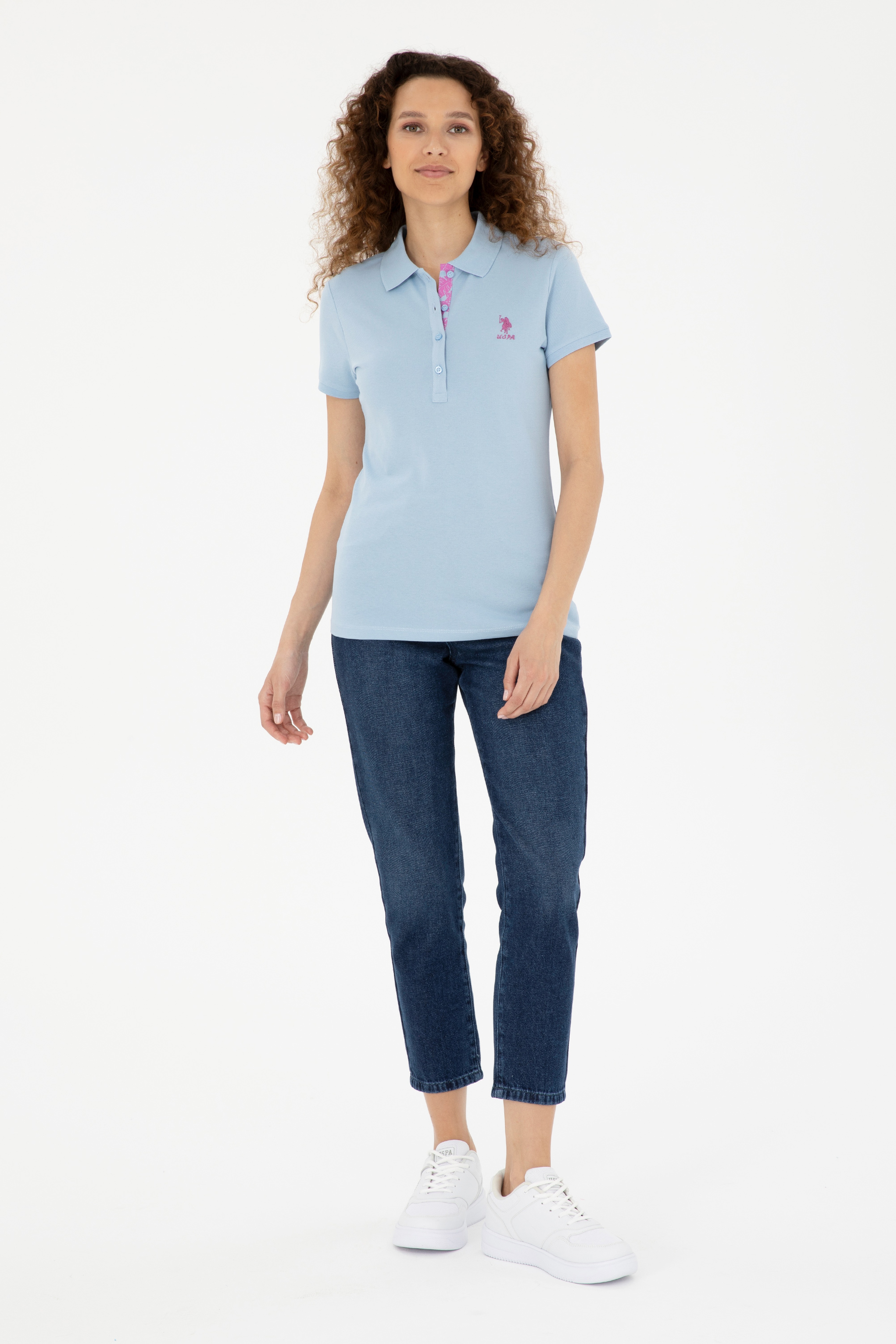 Kadın Açık Mavi Basic Polo Yaka Tişört
