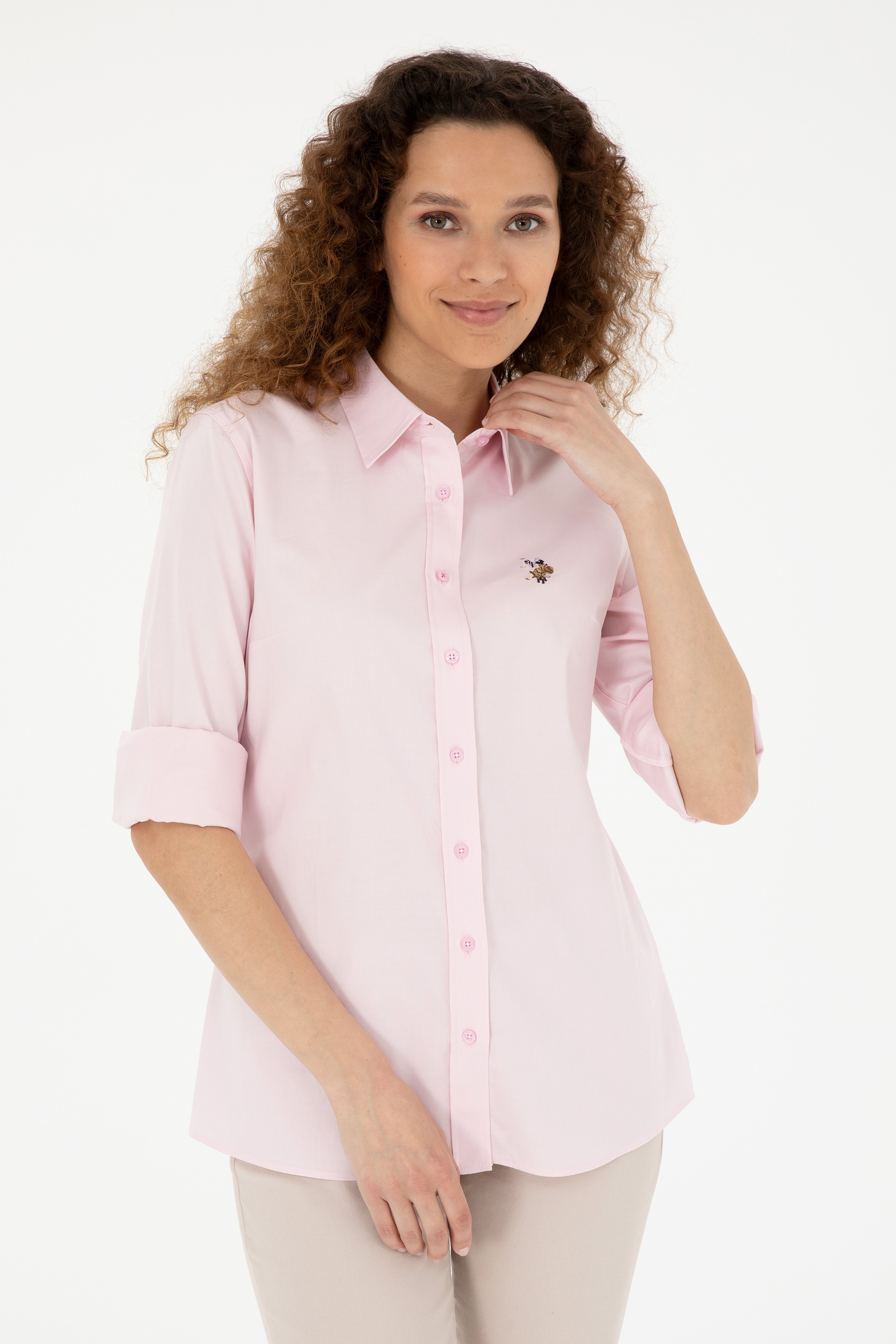 Kadın Pembe Uzun Kollu Basic Gömlek - Image 3