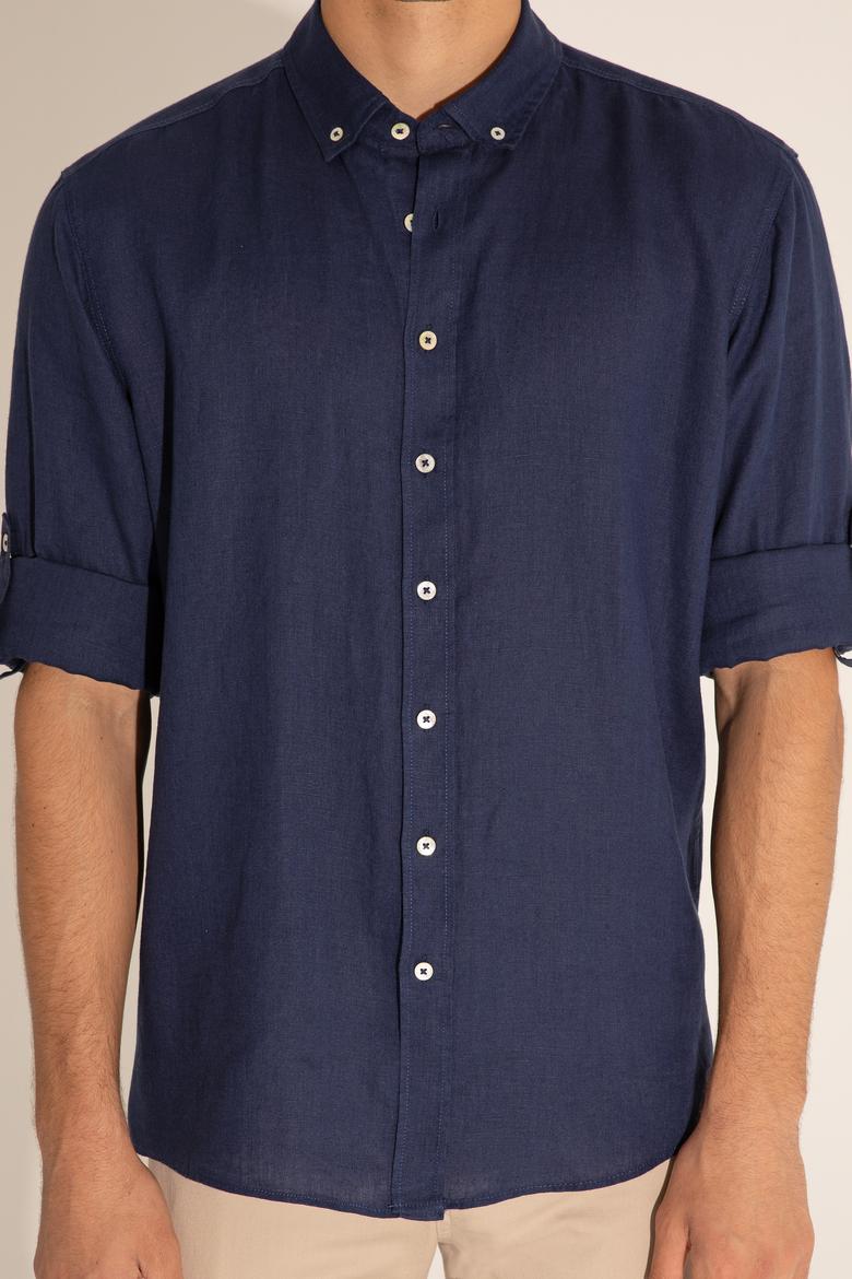 Lacivert Unisex Keten Gömlek - 50284324019