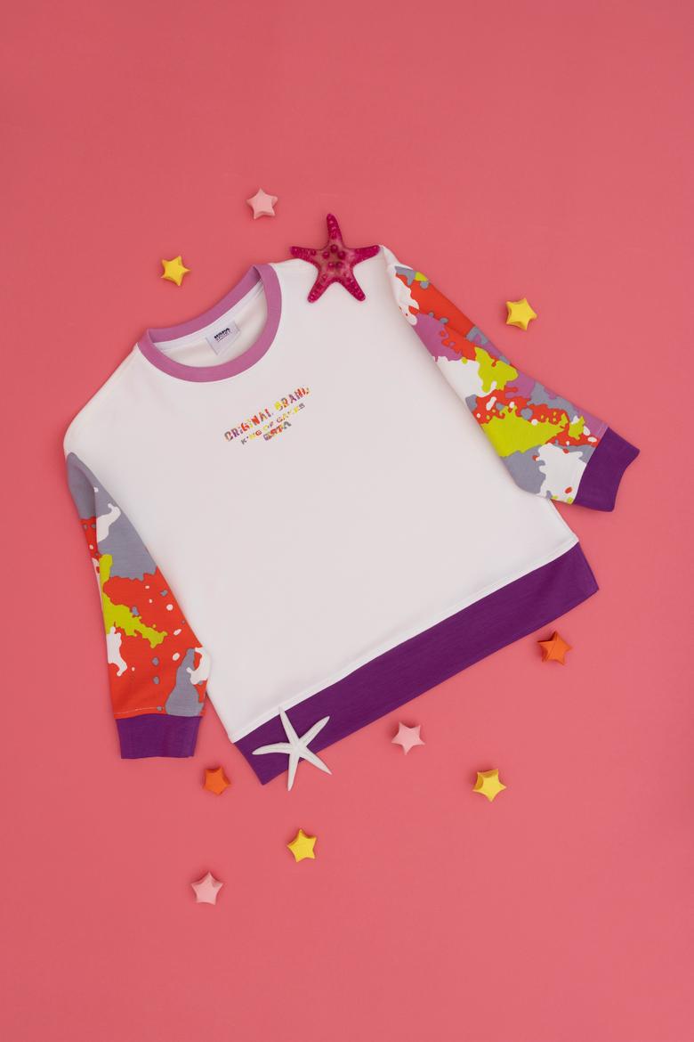 Kız Çocuk Beyaz Bisiklet Yaka Sweatshirt