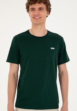 Erkek Regular Fit Bisiklet Yaka Koyu Yeşil Tişört - 50294290061