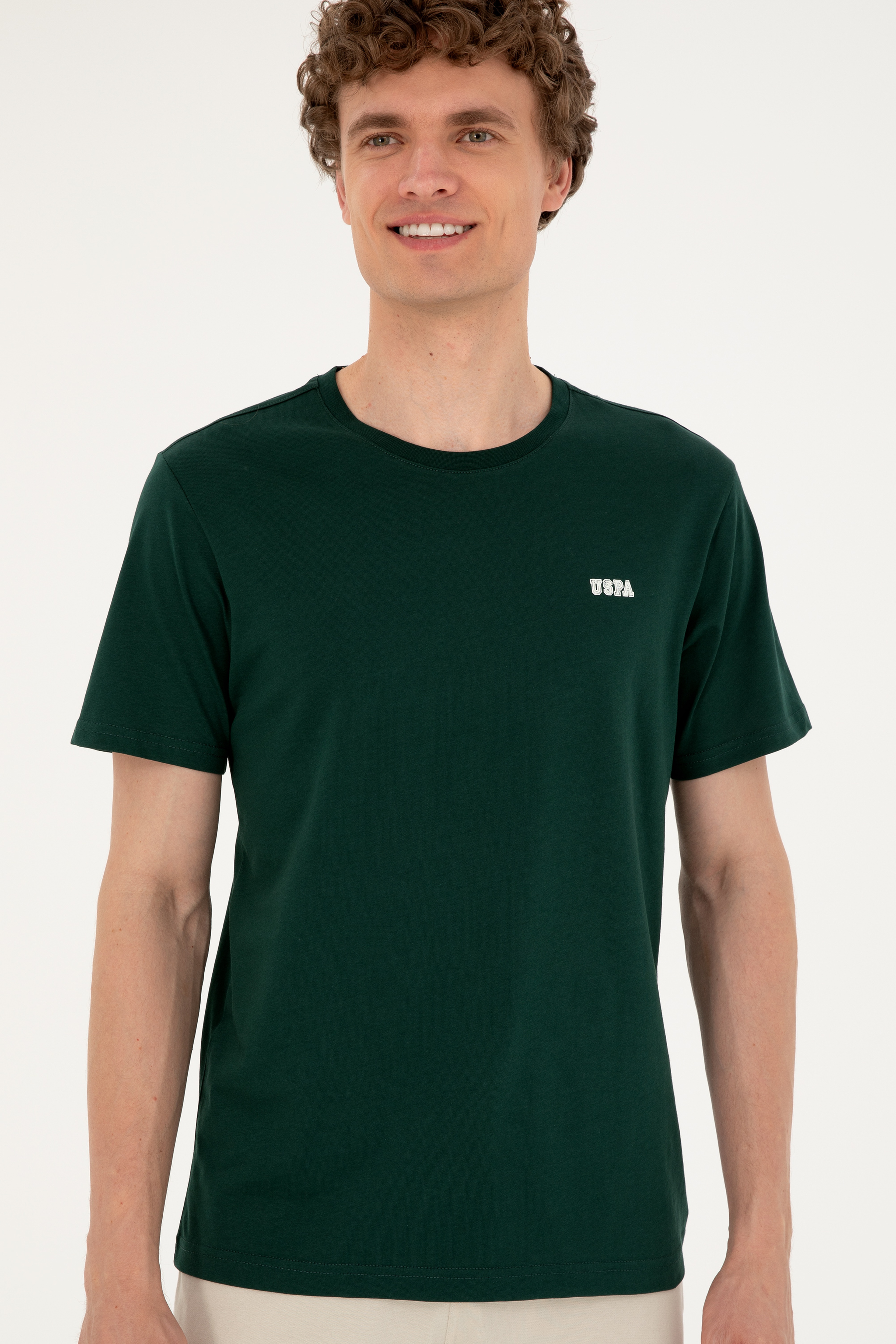 Erkek Regular Fit Bisiklet Yaka Koyu Yeşil Tişört - Image 3