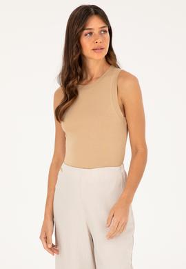 Kadın Camel Bisiklet Yaka Kolsuz Tişört - 50285852014