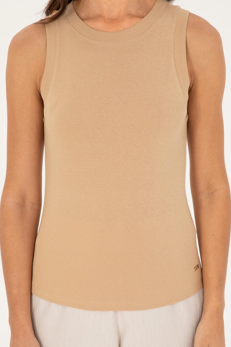 Kadın Camel Bisiklet Yaka Kolsuz Tişört - 50285852014