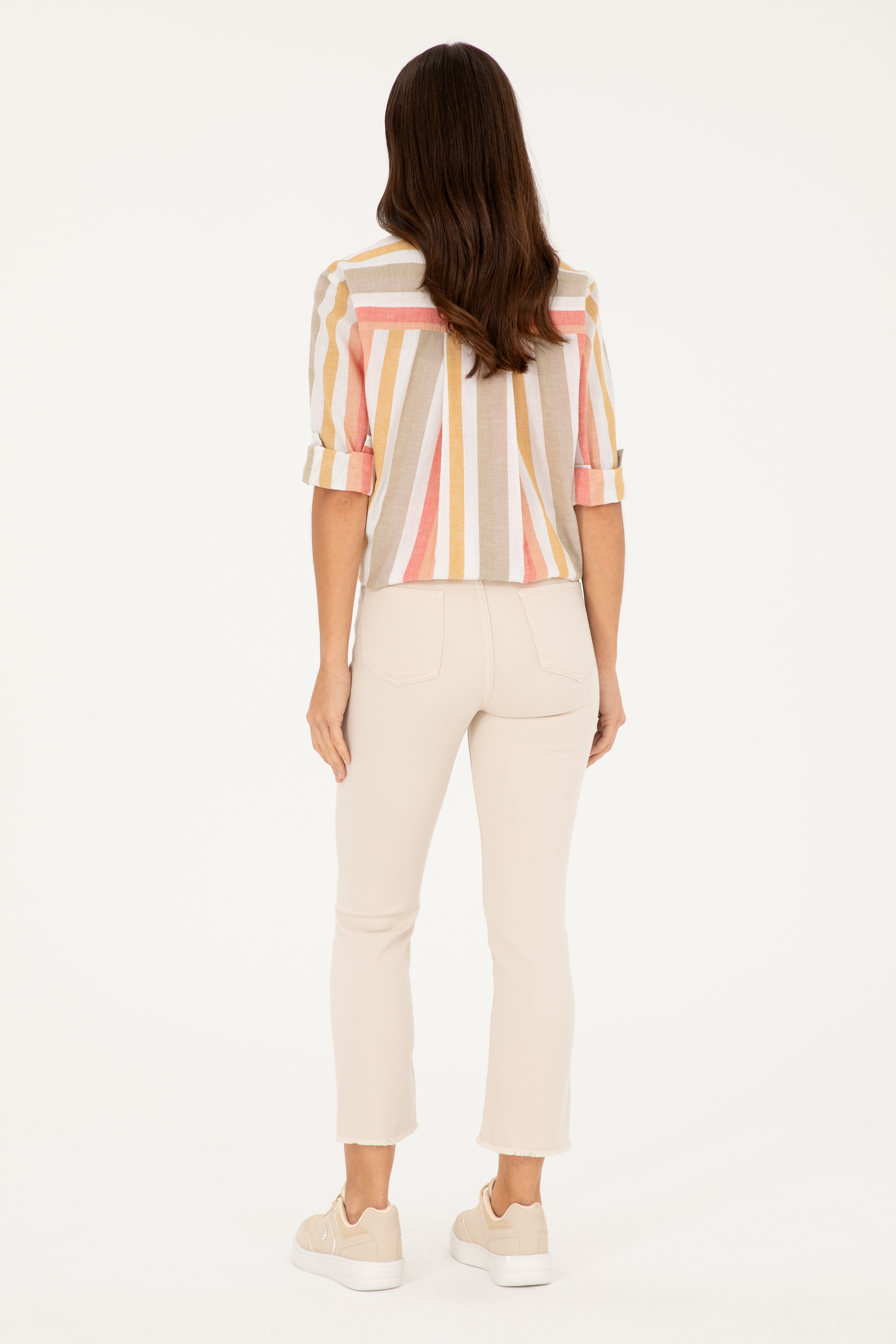Kadın Bej Slim Flare Cropped Fit Jean Pantolon