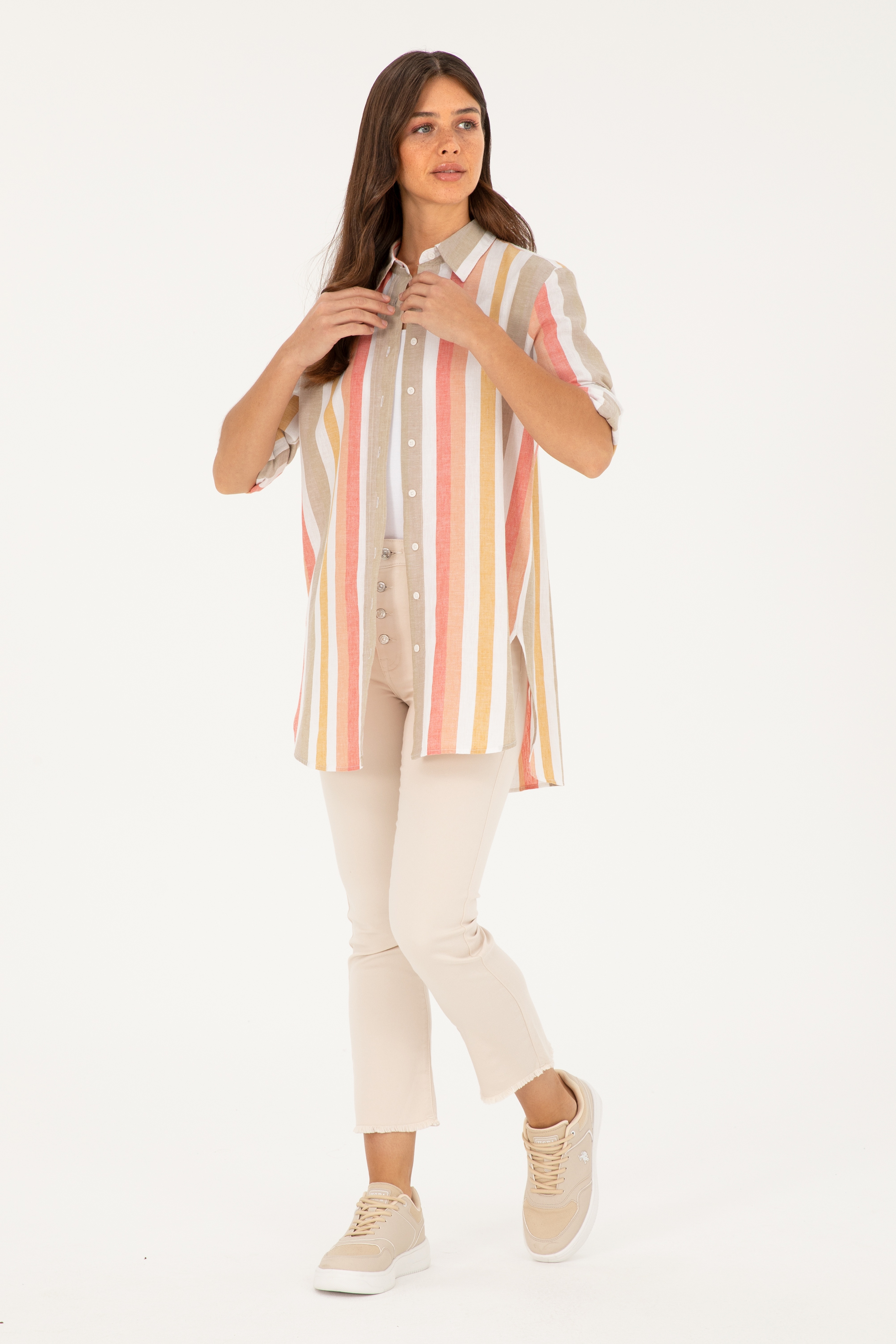 Kadın Bej Slim Flare Cropped Fit Jean Pantolon - Image 1