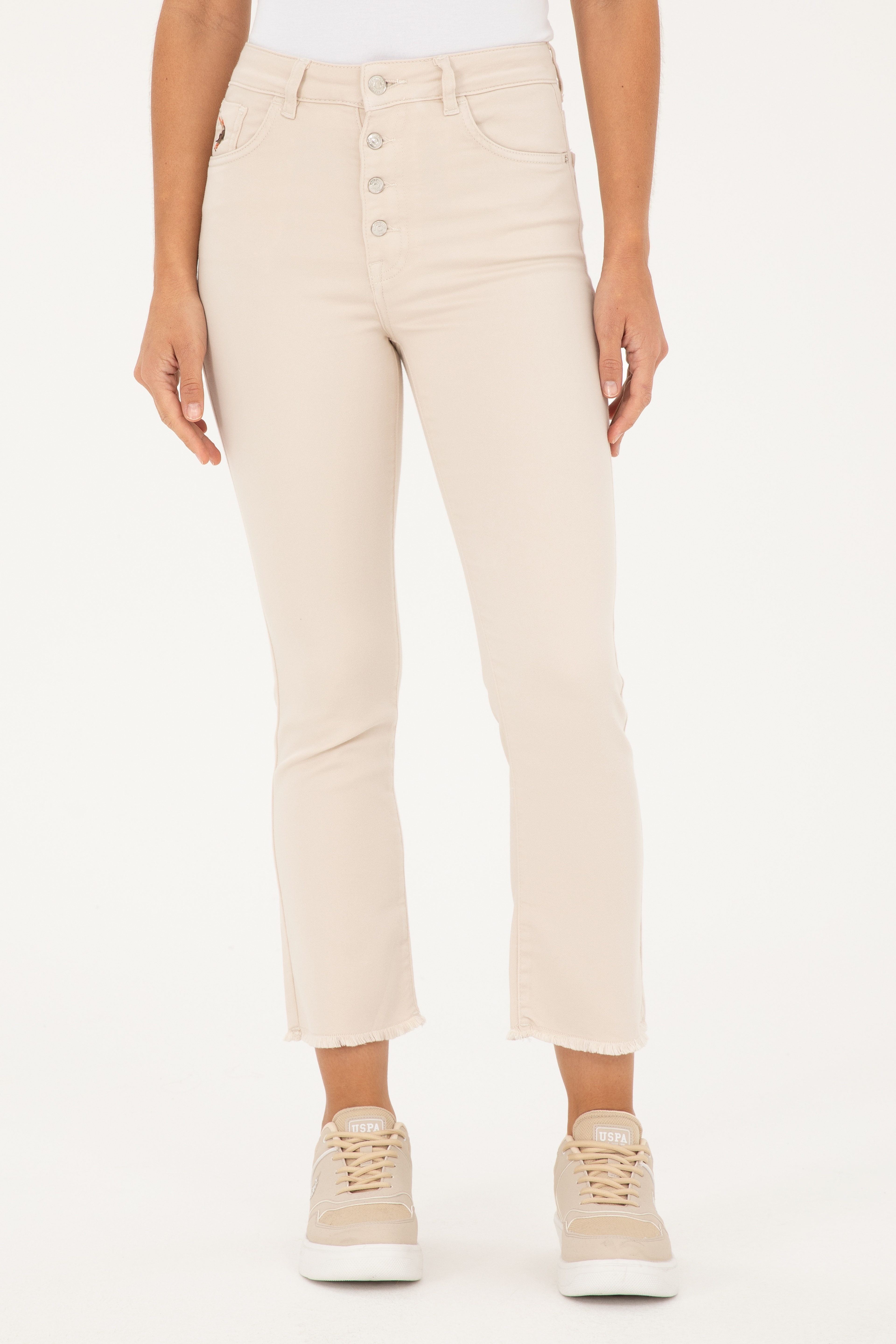 Kadın Bej Slim Flare Cropped Fit Jean Pantolon - Image 2